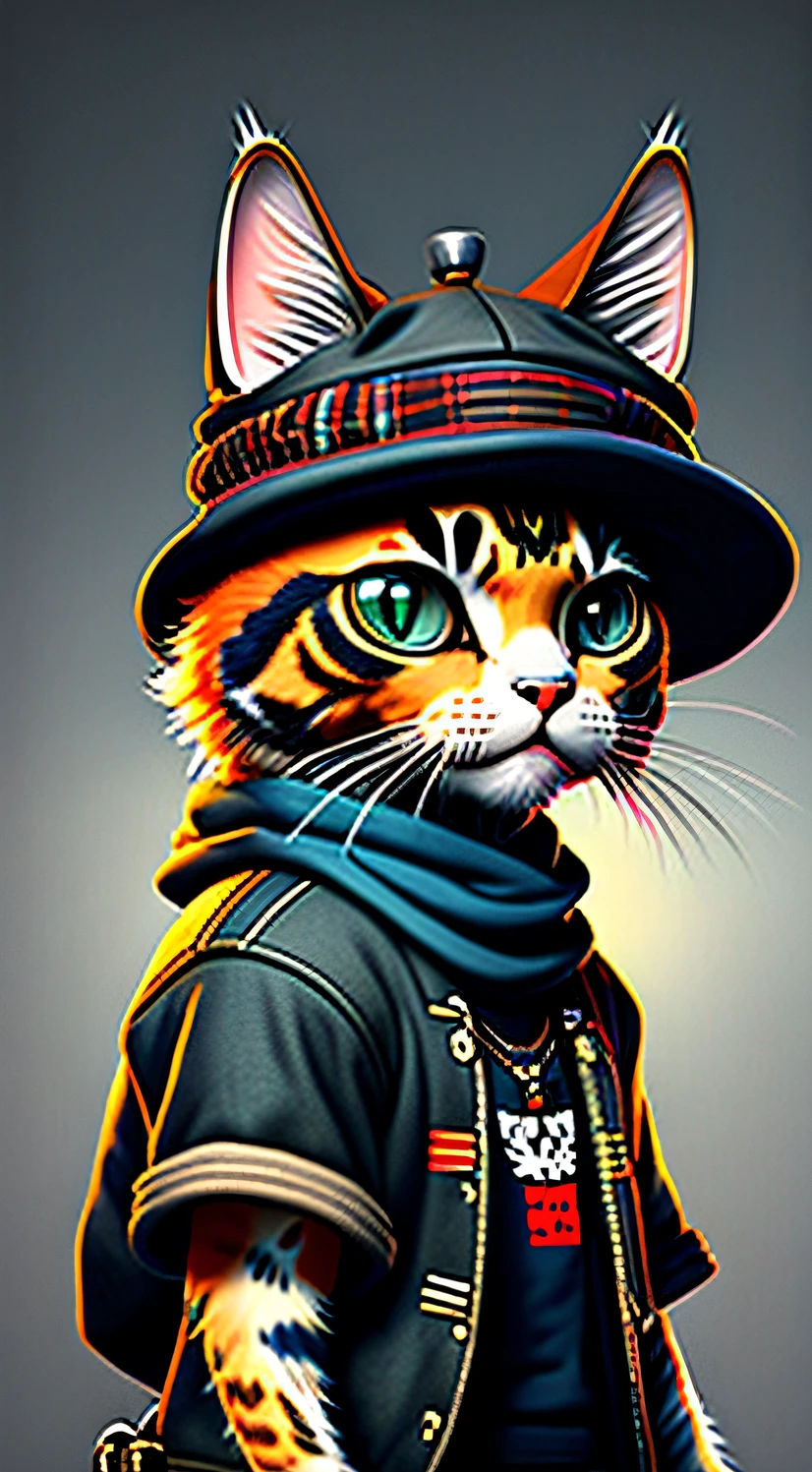 image of a cat with hat and scarf, art station trend, dressed in punk clothes, hyper realistic detailed rendering, british gang member, urban style, intimidating pose, planet of cats, fashionable clothes, urban samurai, meow, west slavic traits, circular design, shirt design