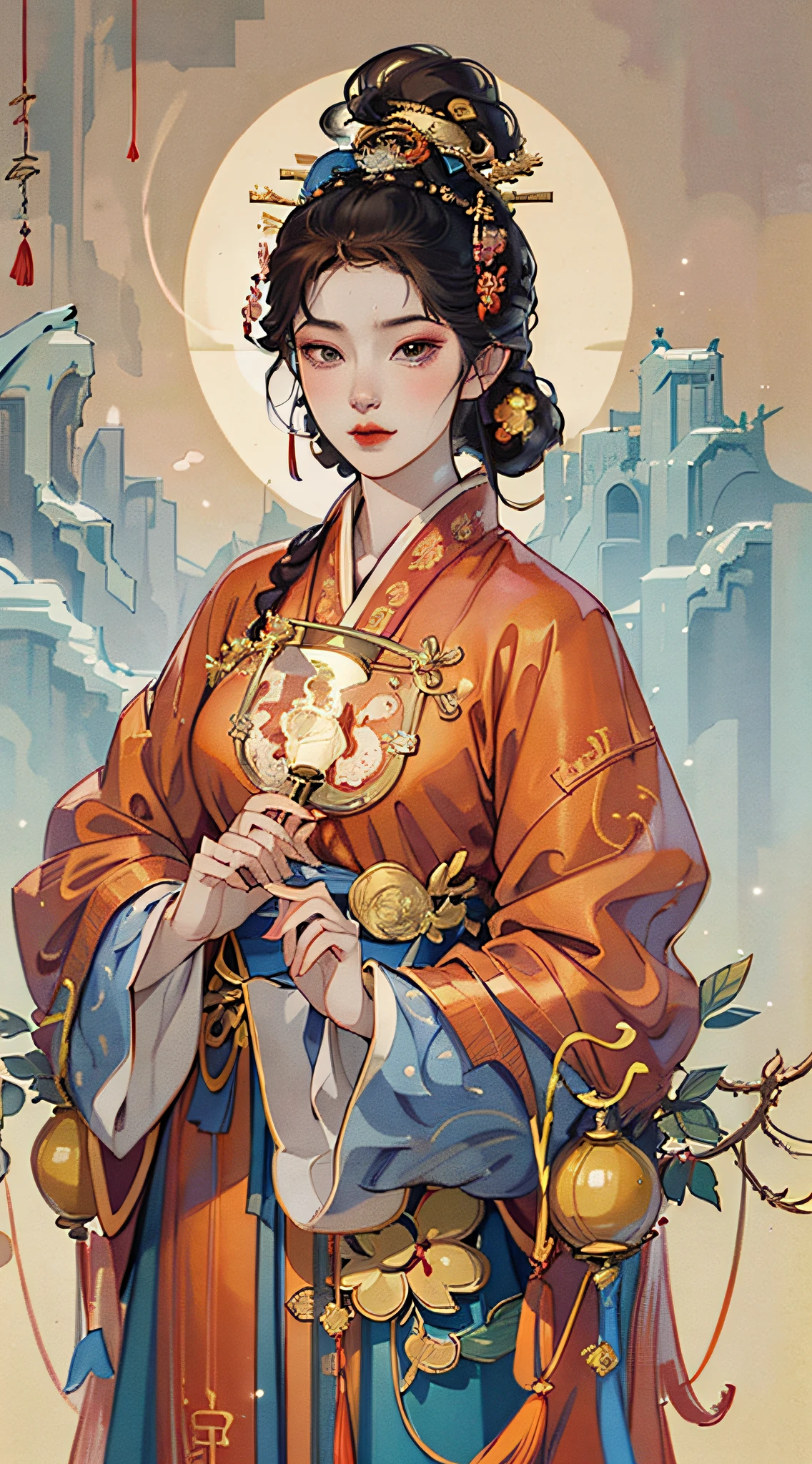 Illustration in ancient Chinese style, In the picture, An ancient woman dressed in red, The background is the lights of ten thousand homes, hair adornments, Depth of field, Cinematic lighting, god light, back lit lighting, High detail, Anime style, hyper HD, Masterpiece, A high resolution