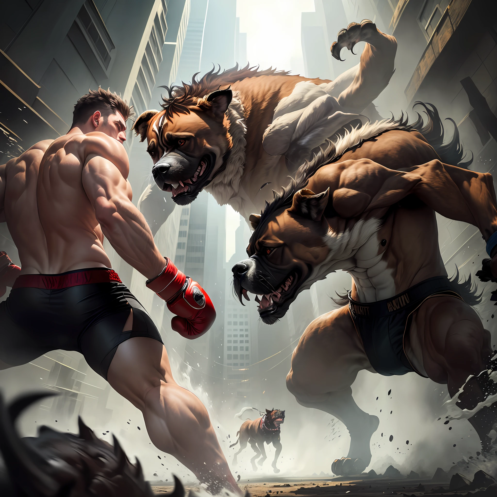 Create me a picture of a boxer attacking a beast