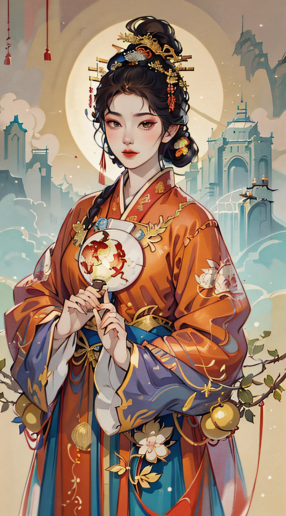 Illustration in ancient Chinese style, In the picture, An ancient woman dressed in red, The background is the lights of ten thousand homes, hair adornments, Depth of field, Cinematic lighting, god light, back lit lighting, High detail, Anime style, hyper HD, Masterpiece, A high resolution