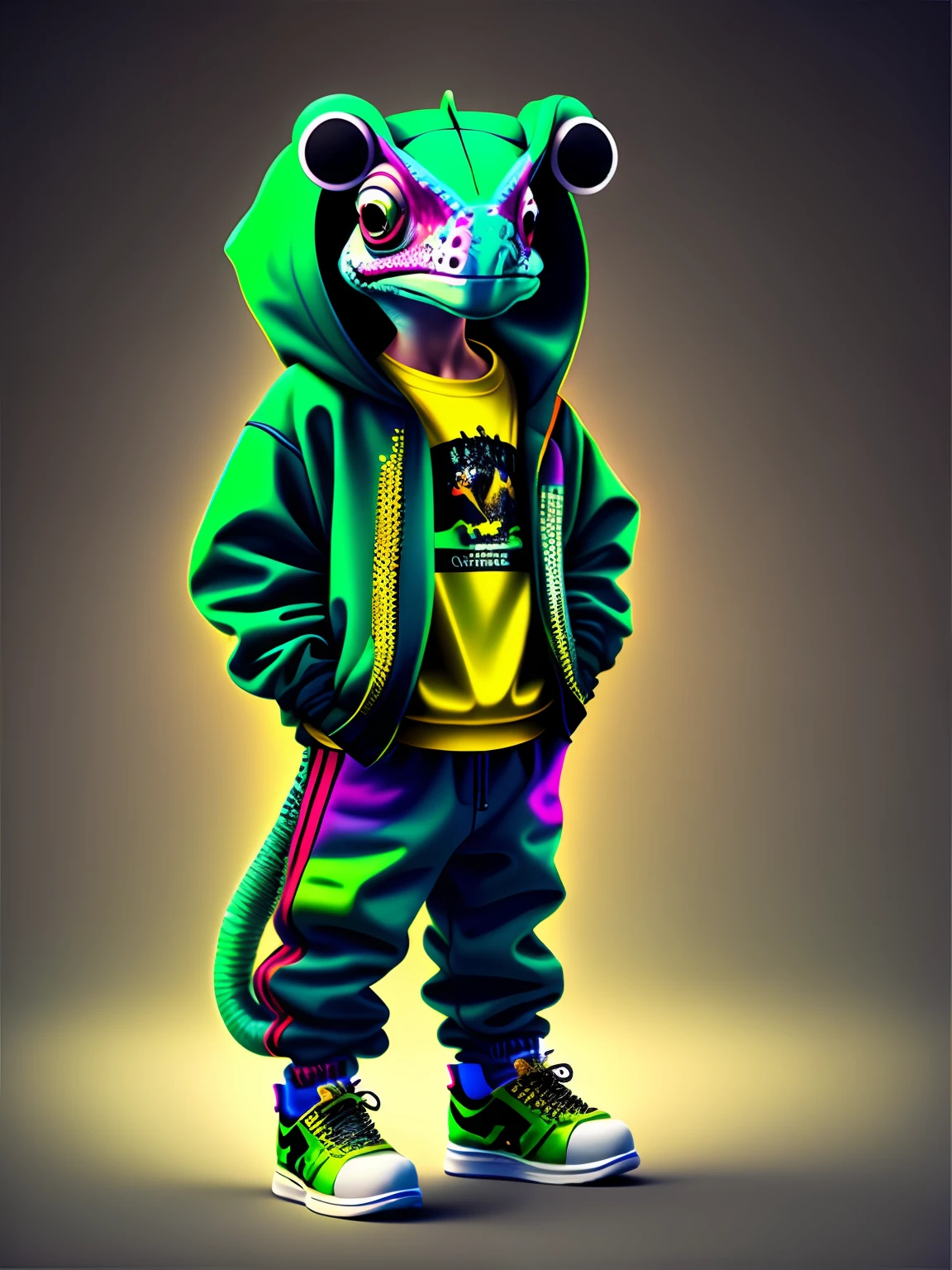 Image of a chameleon standing, wearing hip-hop style clothes, speakers, 90s style