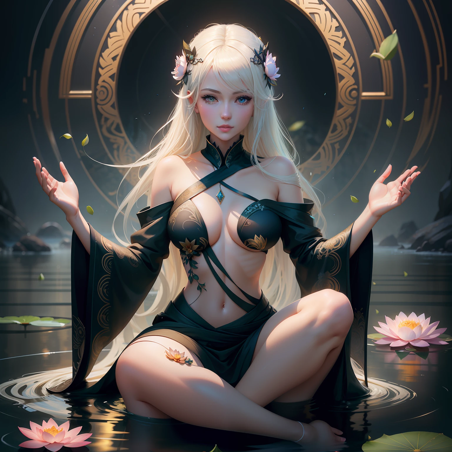 blond woman in black dress sitting in water with lotus flowers, ross tran 8 k, wlop art, art of wlop, loish and wlop, wlop and ross tran, japanese goddess, ross tran and wlop, wlop | artgerm, ross tran style, digital fantasy art ), white haired deity, inspired by WLOP, beautiful digital artwork, mandala in background