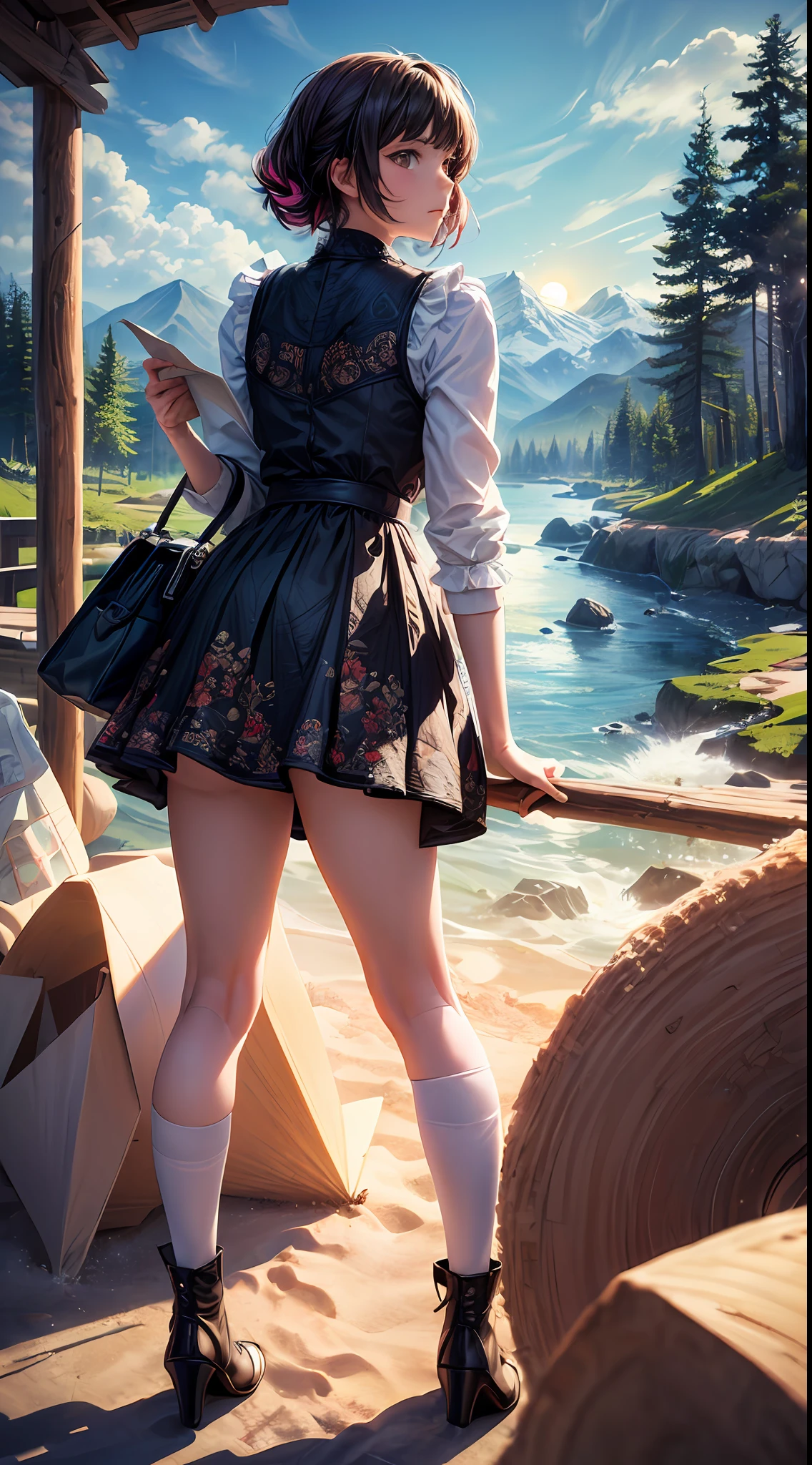 (sandbox:1.4),Movie Angle,(Sun, White clouds, Mountains, ln the forest, rivers),(paper art,Quilted paper art,geomerty),(Extremely colorful, Best quality, Detailed details, Masterpiece, offcial art, movie light effect, 4K, Chiaroscuro),
