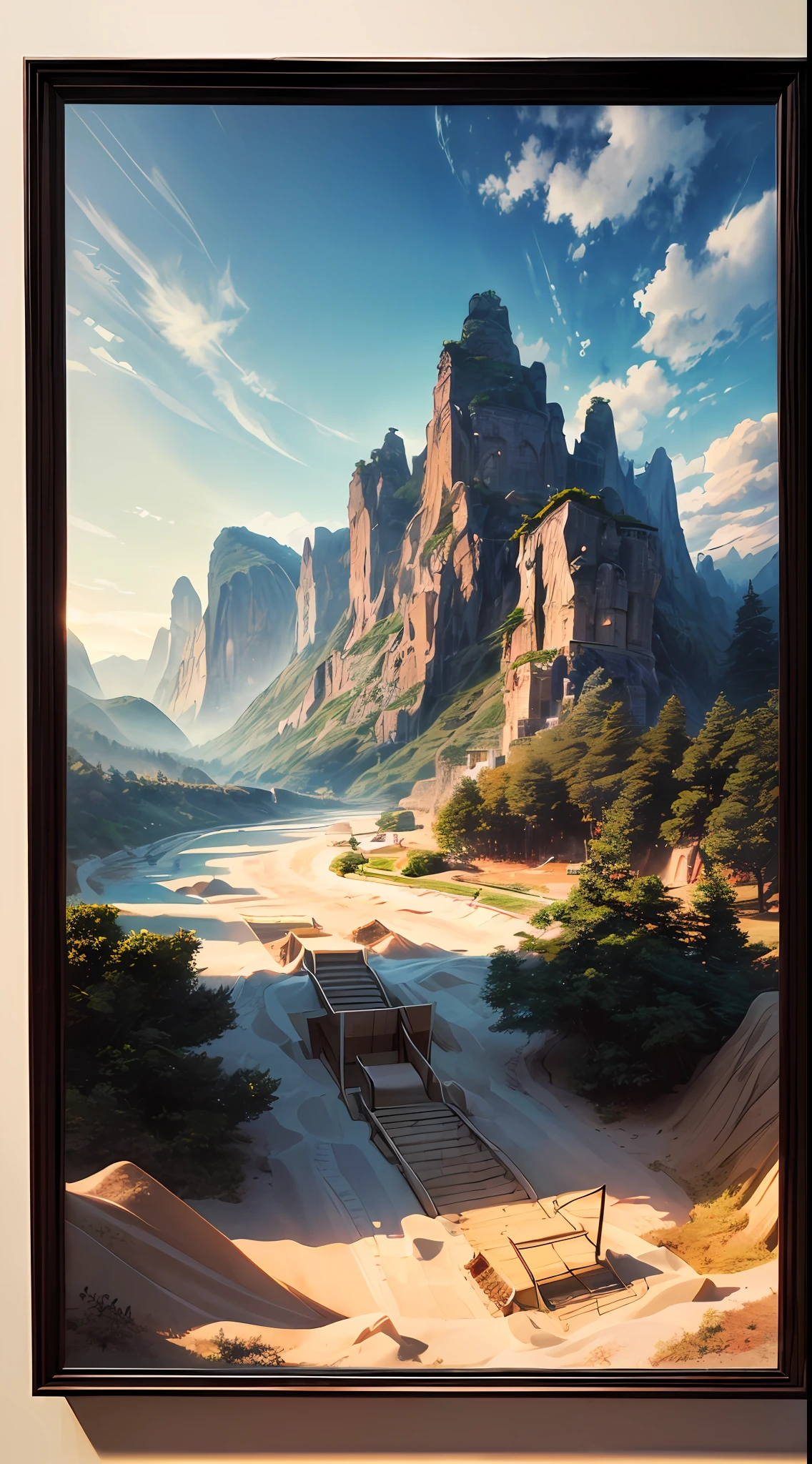 (sandbox:1.4),Movie Angle,(Sun, White clouds, Mountains, ln the forest, rivers),(paper art,Quilted paper art,geomerty),(Extremely colorful, Best quality, Detailed details, Masterpiece, offcial art, movie light effect, 4K, Chiaroscuro),