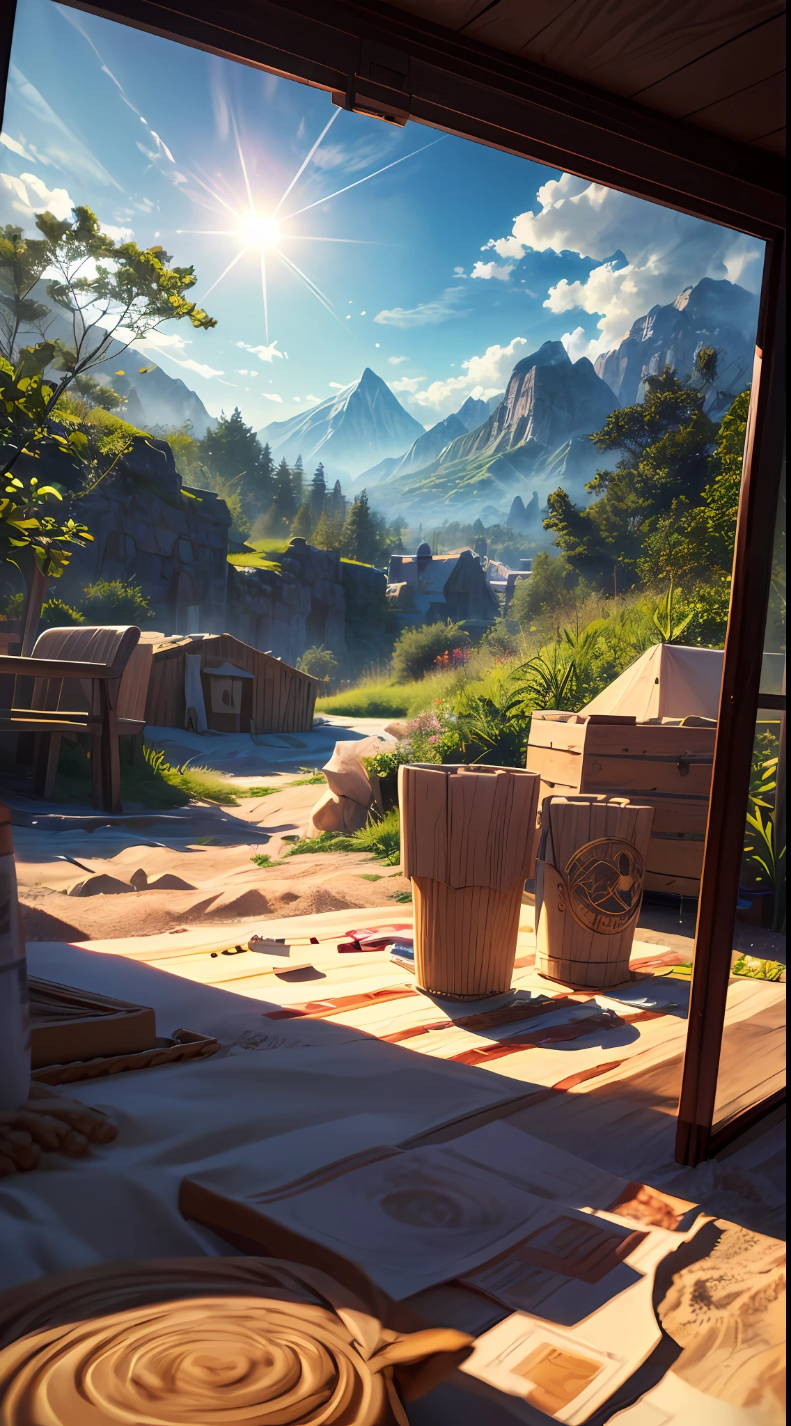 (sandbox:1.4),Movie Angle,(Sun, White clouds, Mountains, ln the forest, rivers),(paper art,Quilted paper art,geomerty),(Extremely colorful, Best quality, Detailed details, Masterpiece, offcial art, movie light effect, 4K, Chiaroscuro),