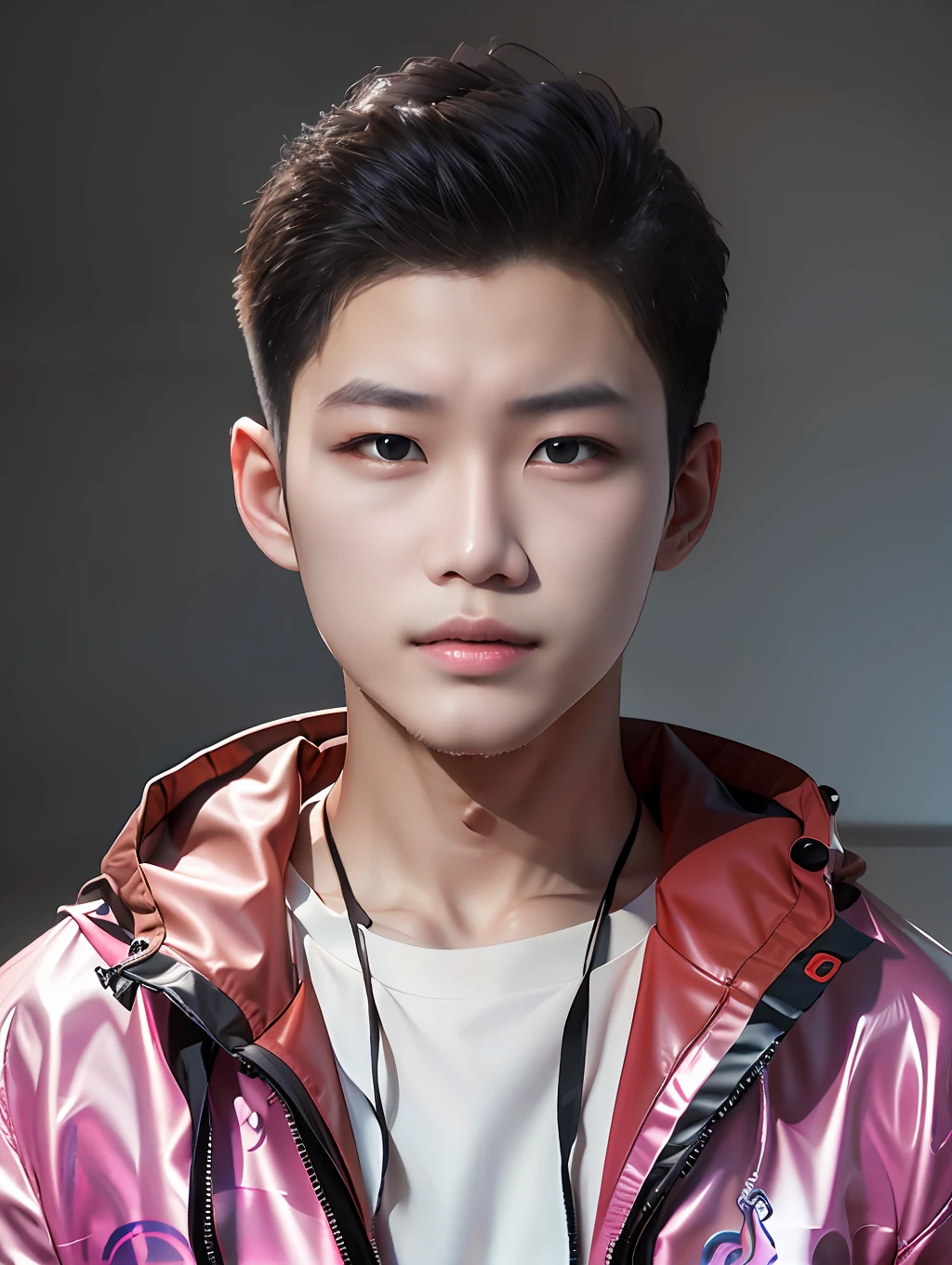 A 17-year-old Chinese male high school student,Wearing a red-yellow PVC sweatshirt,The clothes are bright and bright,greybackground