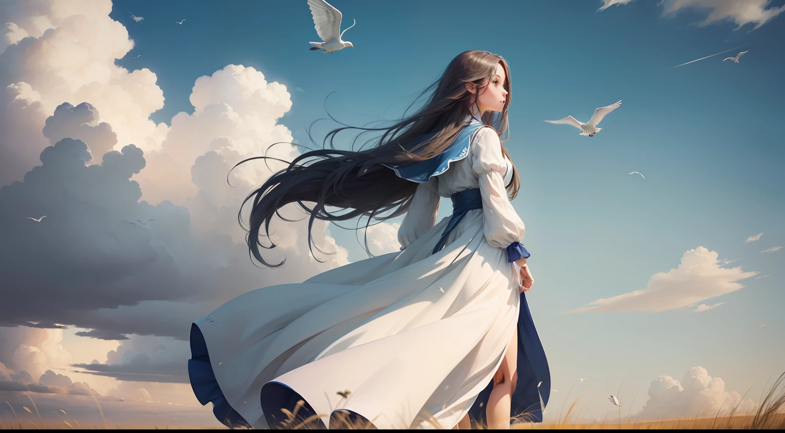 with blue sky and white clouds,In the distance stood a girl on the grass,Long flowing hair,Several birds flew by