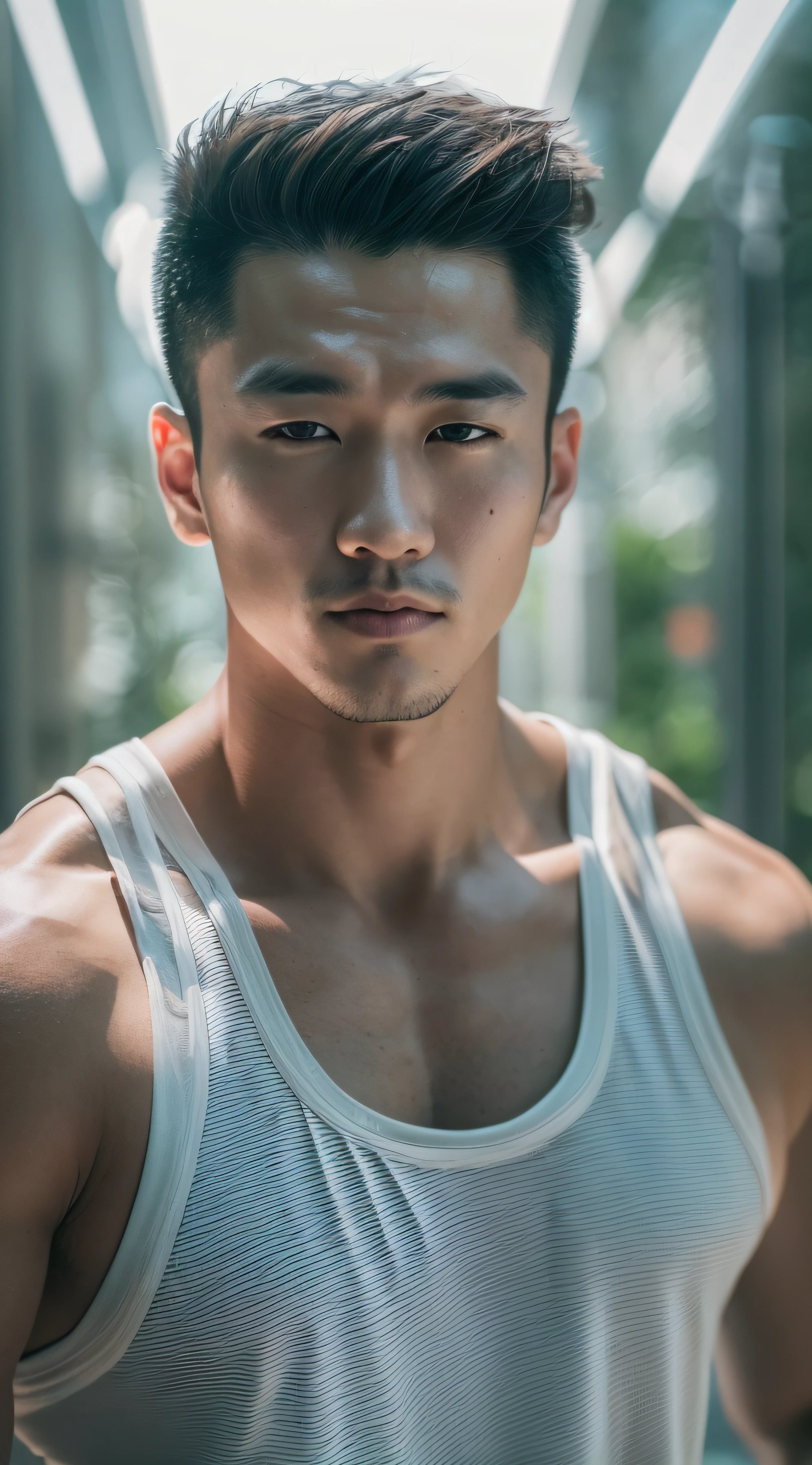 One Chinese（male people）, Muscular, Beautiful lines, Smooth face, Smooth skin, White inch, Transparent tank top, Tong, Outdoor sports style, Look down at the viewer's perspective, Eye-Level Shot, Fujifilm, god rays, ray tracing, Minimalism, modern, high quality, masterpiece, UHD, highres, 8k
