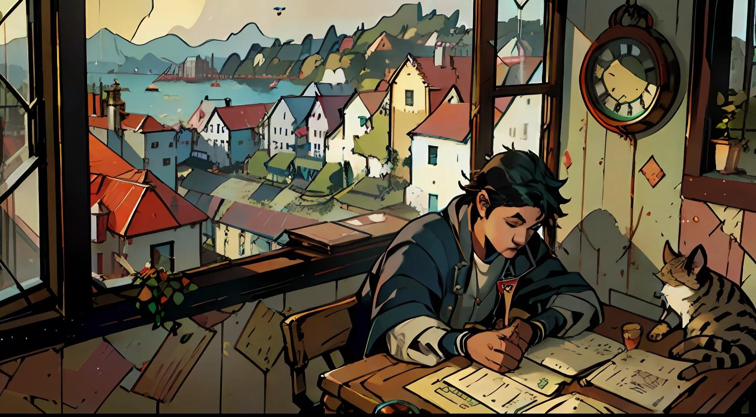 Boy playing games sitting at table in front of bay window | messy  hair | typing | mouse | Unfinished Coke | Cat in the bay window | It is about 45 degrees 5 meters above the slope | Beautiful sea view | rained