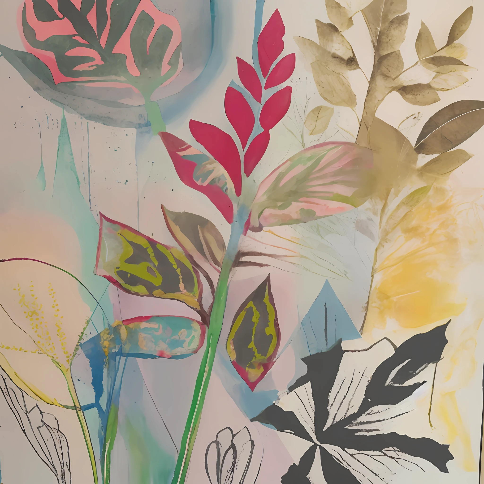 there is a painting of a flower and leaves on a table, ink and colour on silk, inspired by Graham Sutherland, inspired by John Wonnacott, inspired by Mary Adshead, ink and colours on silk, by Jeka Kemp, botanic foliage, by Lee Loughridge, inspired by Ruth Abrahams, mixed media painting, plants growing on it. gouache