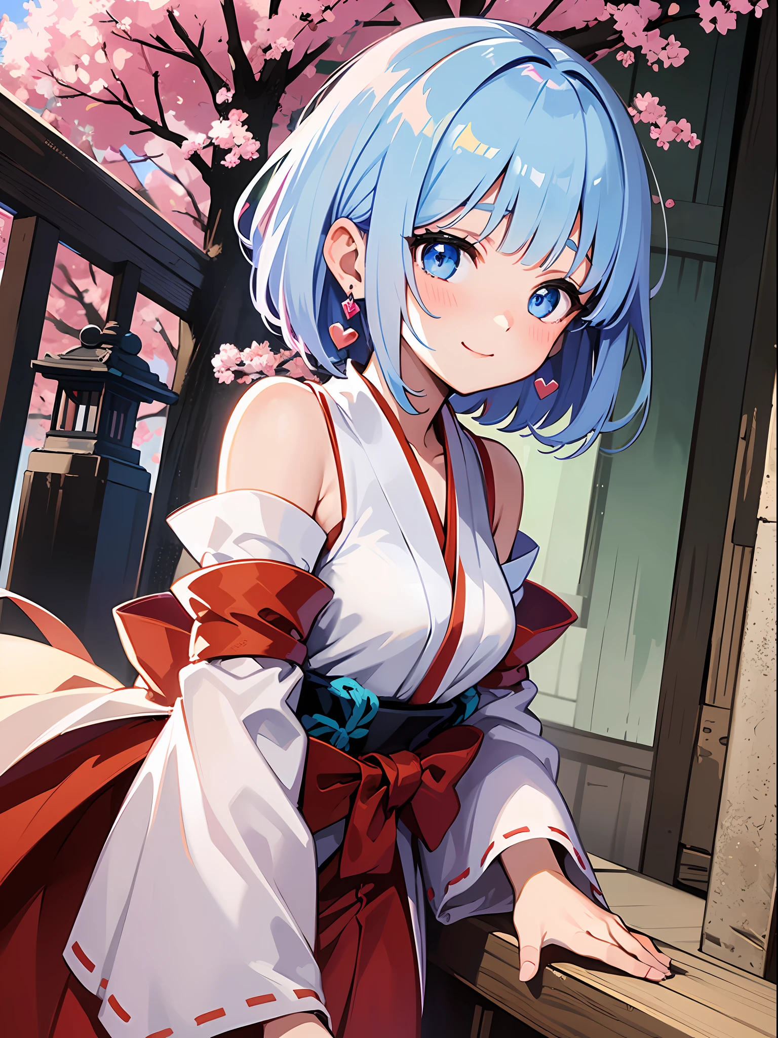 (masterpiece:1.3), (best quality:1.3), high resolution,
dutch angle, couboy shot,
leaning forward, breast squeeze, body facing forward,
(one cute girl:1.3), solo,
white skin, small Breast, eight-headed person,
light blue hair, (bobbed hair:1.2), (short hair:1.2), (blunt bangs:1.2), beautiful hair, blue eyes, beautiful detailed eyes,
blush, heart, cheerful smile,
shrine maiden, white and red shrine maiden, detached sleeves, earrings,
outdoors, shinto shrine, cherry tree,
shadowlighting,