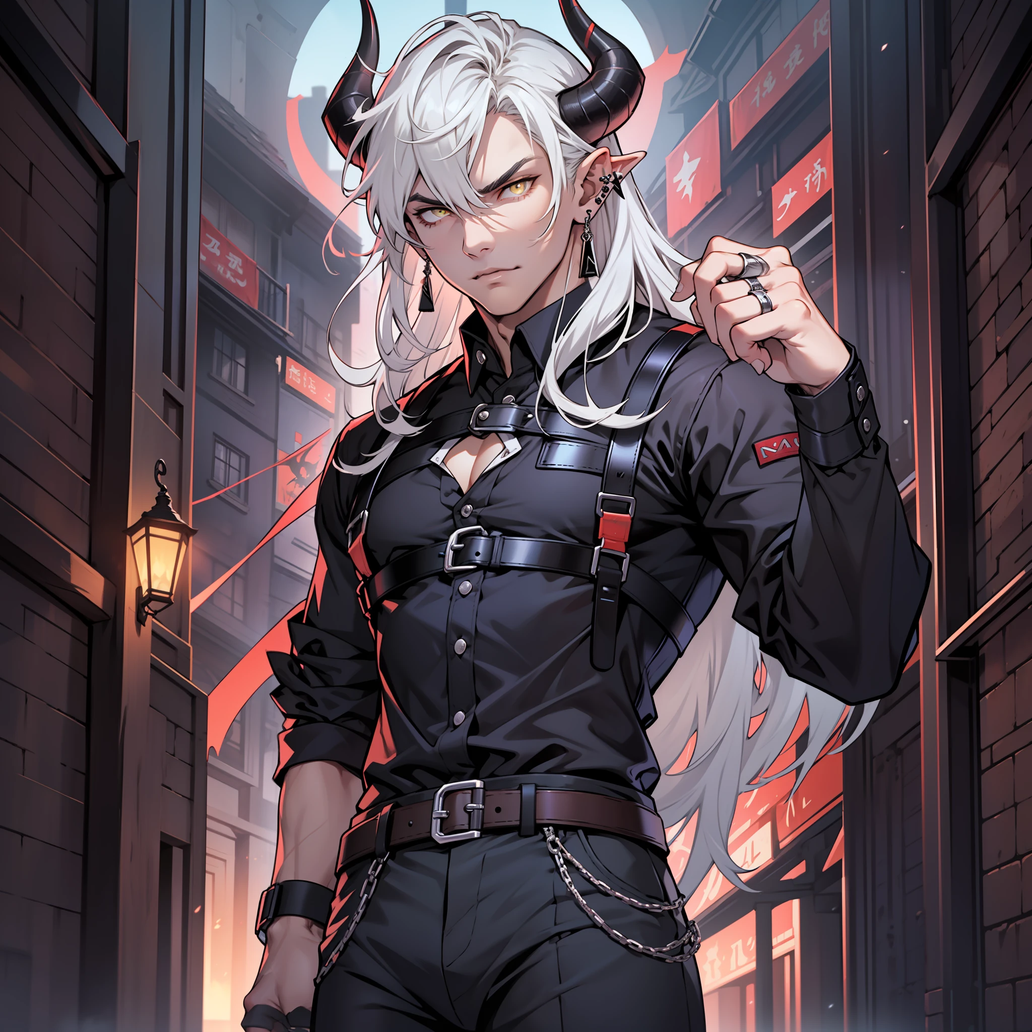 Handsome male, white hair, long hair, yellow eyes, horns, ear piercings, detailed body, detailed hands, grey button shirt, wearing chest harness, black pants, black boots, night fall, standing in palace, arrogant look, good looking, ring on finger