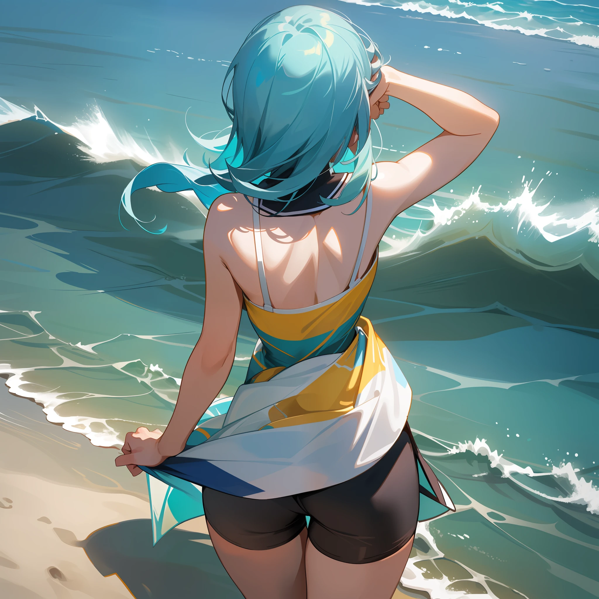 Sunnyday,sandbeach,swim wears,grin,Super detail,High quality,High details,Best quality,Best quality,Light blue hair,From behind,From above,the sea