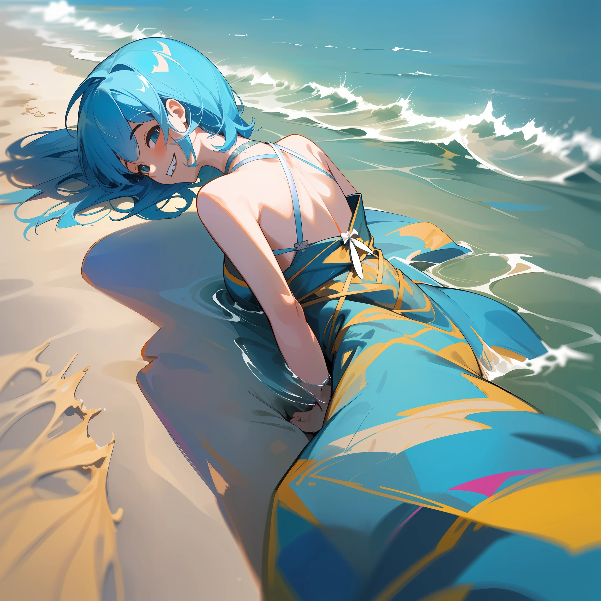 Sunnyday，sandbeach，swim wears，grin，Super detail，High quality，High details，Best quality，Best quality，Light blue hair，From behind，From above，the sea