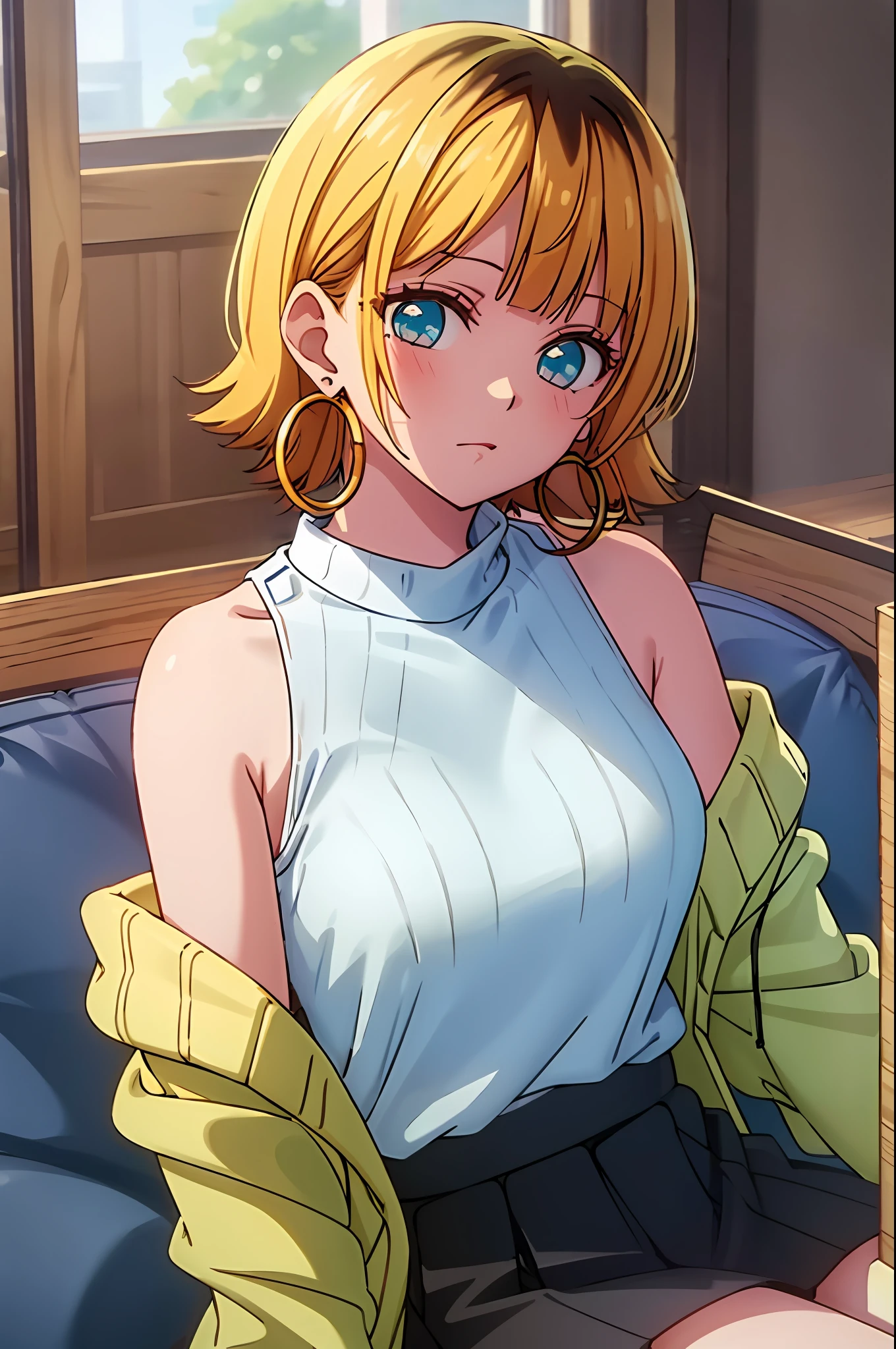 masterpiece, hightquality, Hi-Res, MEMcho, Indoors, cowboy shot, Black skirt, The shirt, off shoulders, off-the-shoulder sweater, (Light blue sweater:1.2), sleeveless shirts, High Neck Sleeveless Shirt, Black shirt, Sweaters, Sweater sleeve wrist too much, sitting on, hoop earrings,animesque、a blond、Only the head is black