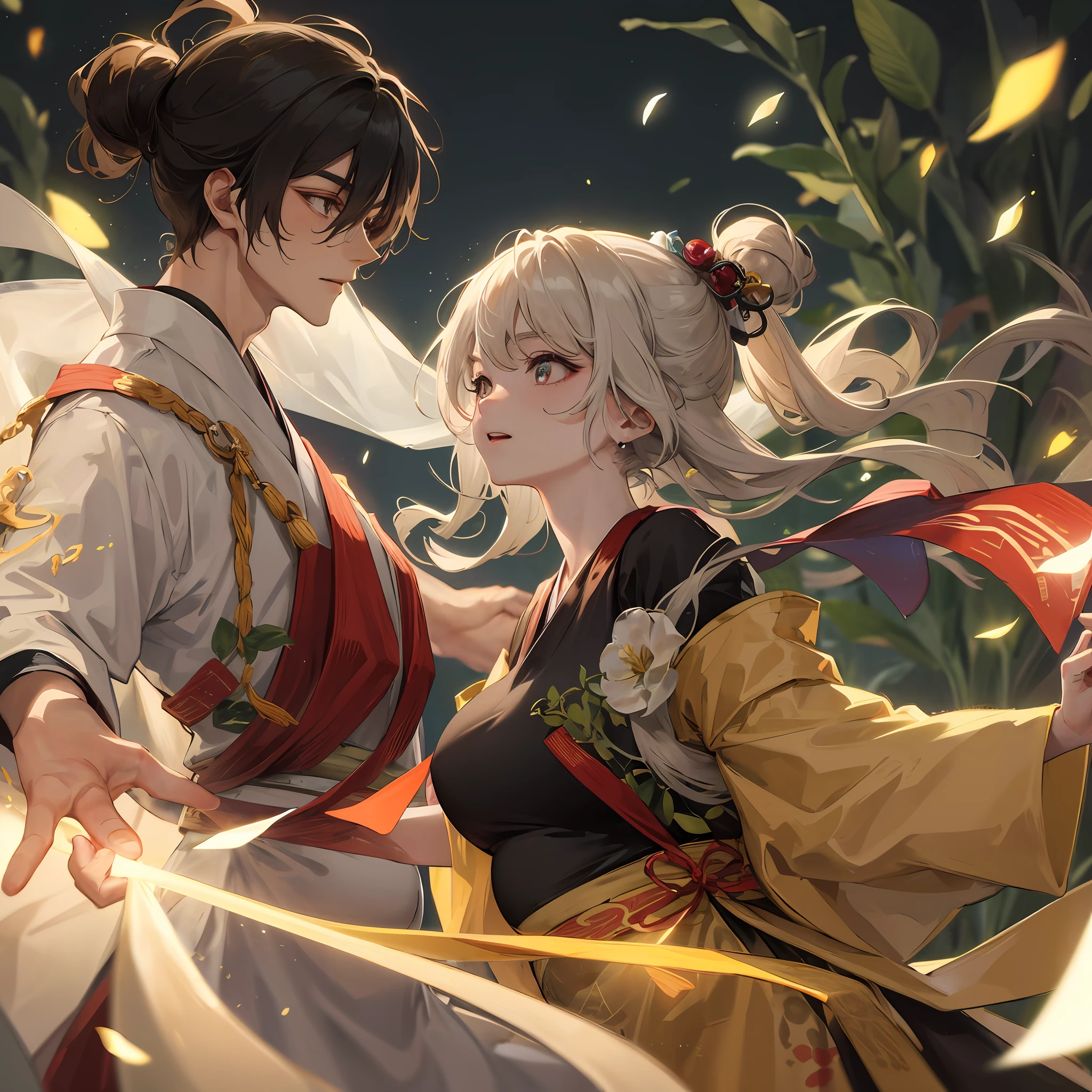 tmasterpiece,best qualtiy,Two couple side lights,lens flare glow,Ray traching,Sharp focus,Wearing Hanfu,One of the beautiful men held his pregnant wife's hand