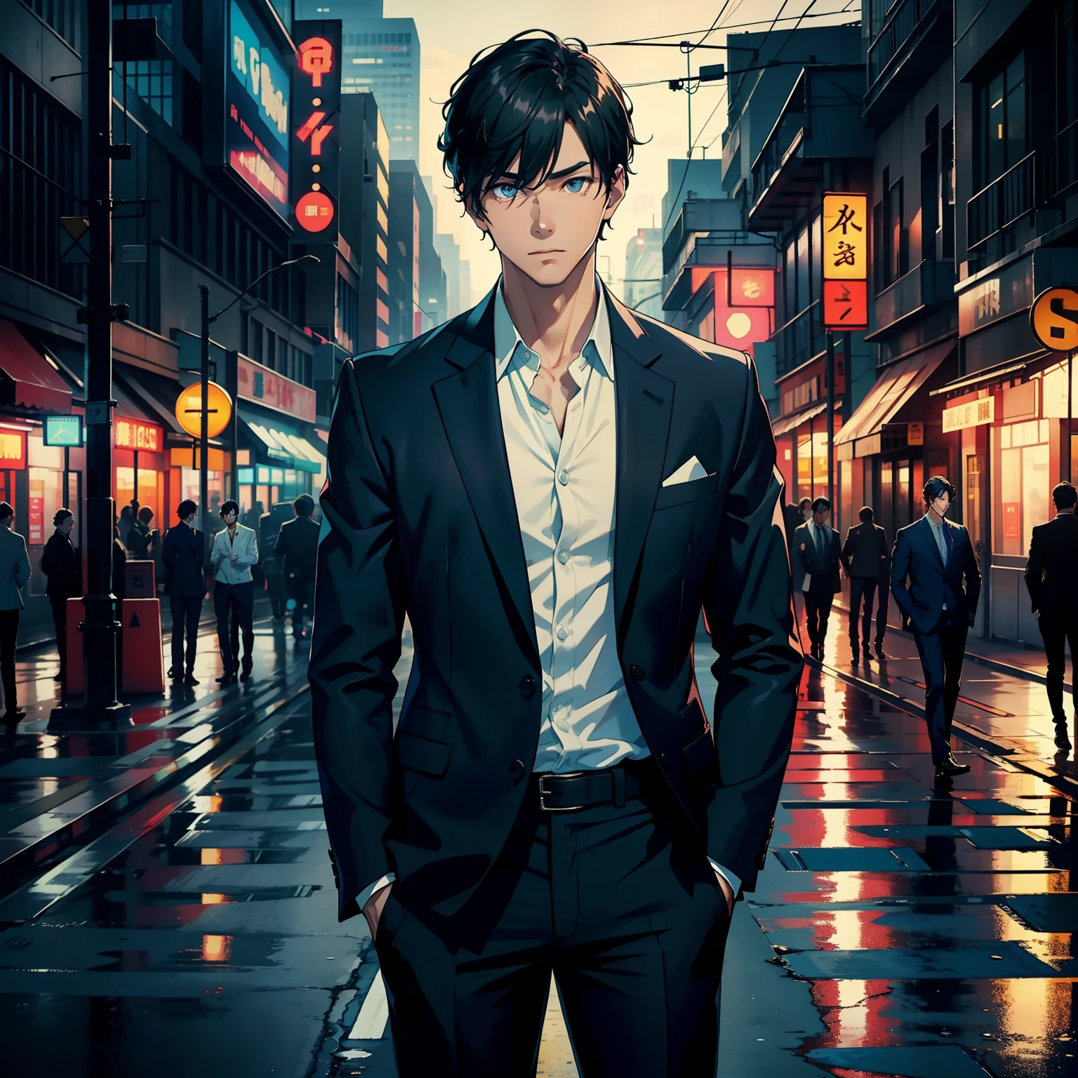 1 handsome guy,Wear a casual suit,The gaze is blank,Sluggish,Stand on the street,Roadside pedestrians,neonlight,natta