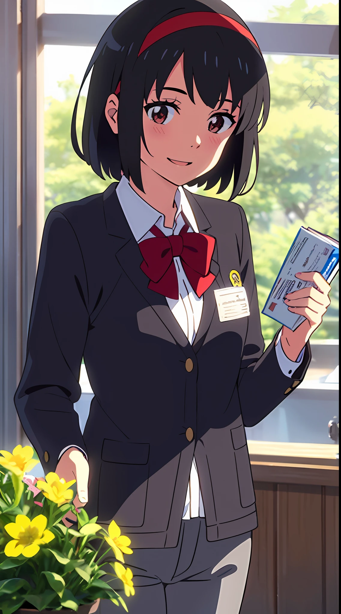 shinkai makoto, kimi no na wa., 1girl, bangs, black hair, blush, brown eyes, shiny skin, headband, red headband, ribbon, red ribbon, bow, red bow, collared shirt, lanyard, hose, shirt, white shirt, cardigans, blue cardigan, pants, black pants, looking at the viewer, short hair, cute, smile, open mouth, solo, upper body, long sleeves, masterpiece, university, colleges, book, holding book, flower