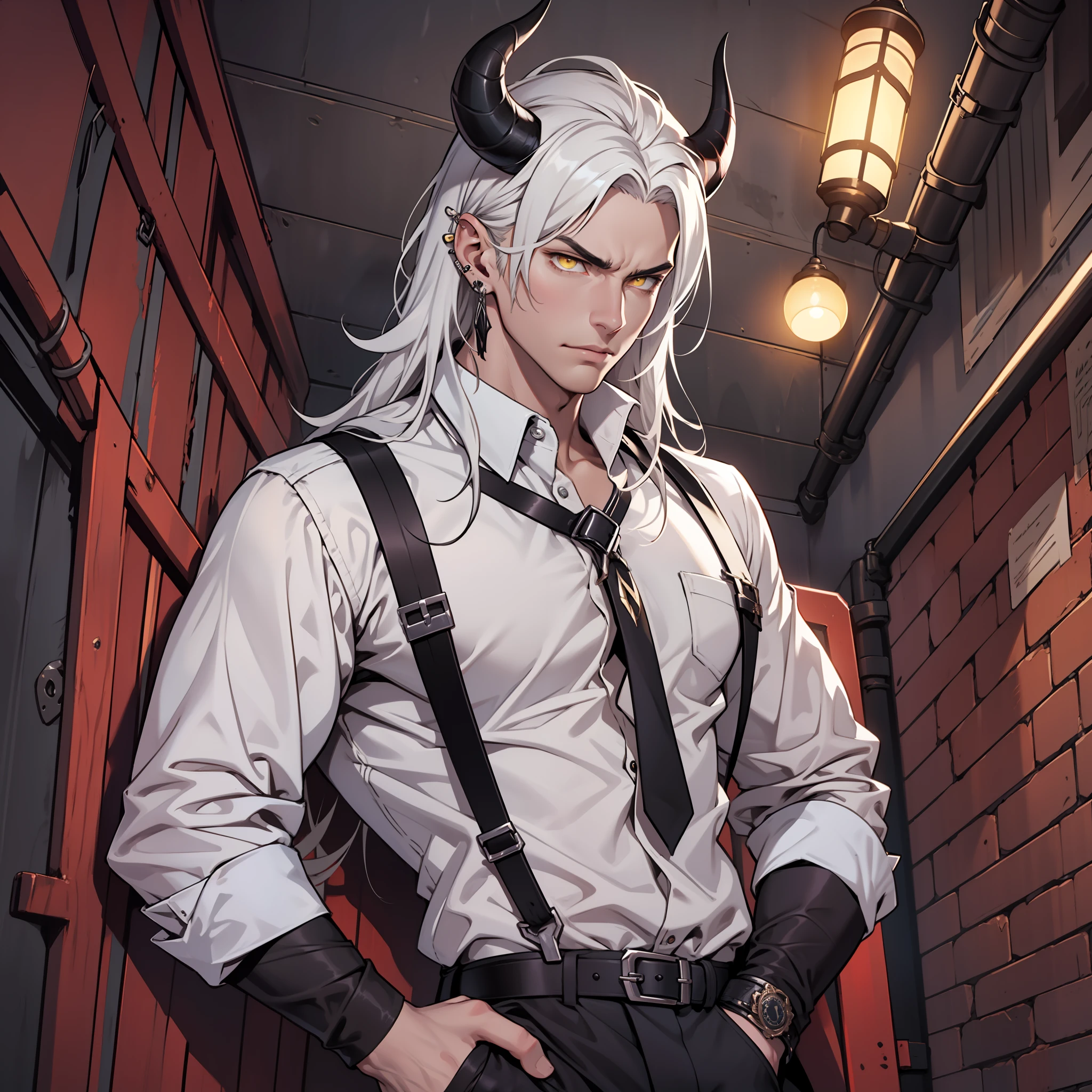 Handsome male, white hair, long hair, yellow eyes, horns, ear piercings, detailed body, detailed hands, grey button shirt, wearing chest harness, black pants, black boots, night fall, standing in palace, arrogant look, good looking, ring on finger