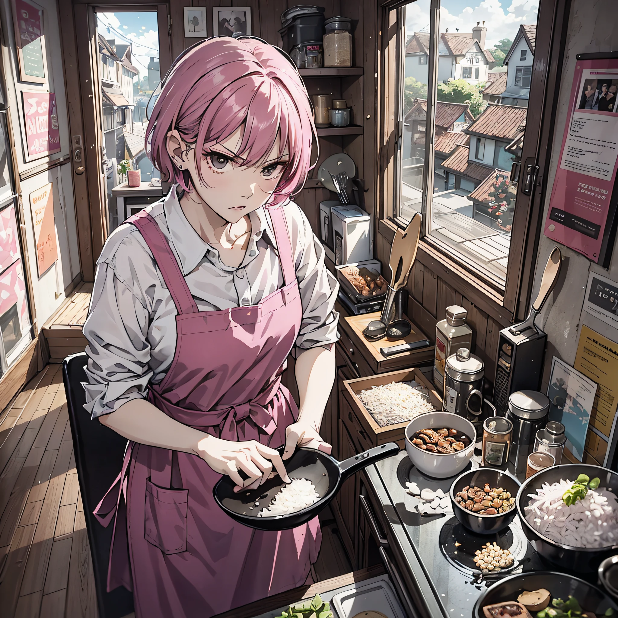 Ridiculous resolution，A high resolution，（tmasterpiece：1.4），Hyper-detailing，pink short hair, 1 middle-aged woman,, Solo, Black eyes, Angry, house wife，aprons, Take a rice spatula，Bedroom room，Stand by the bed，，Open the curtains，Angry