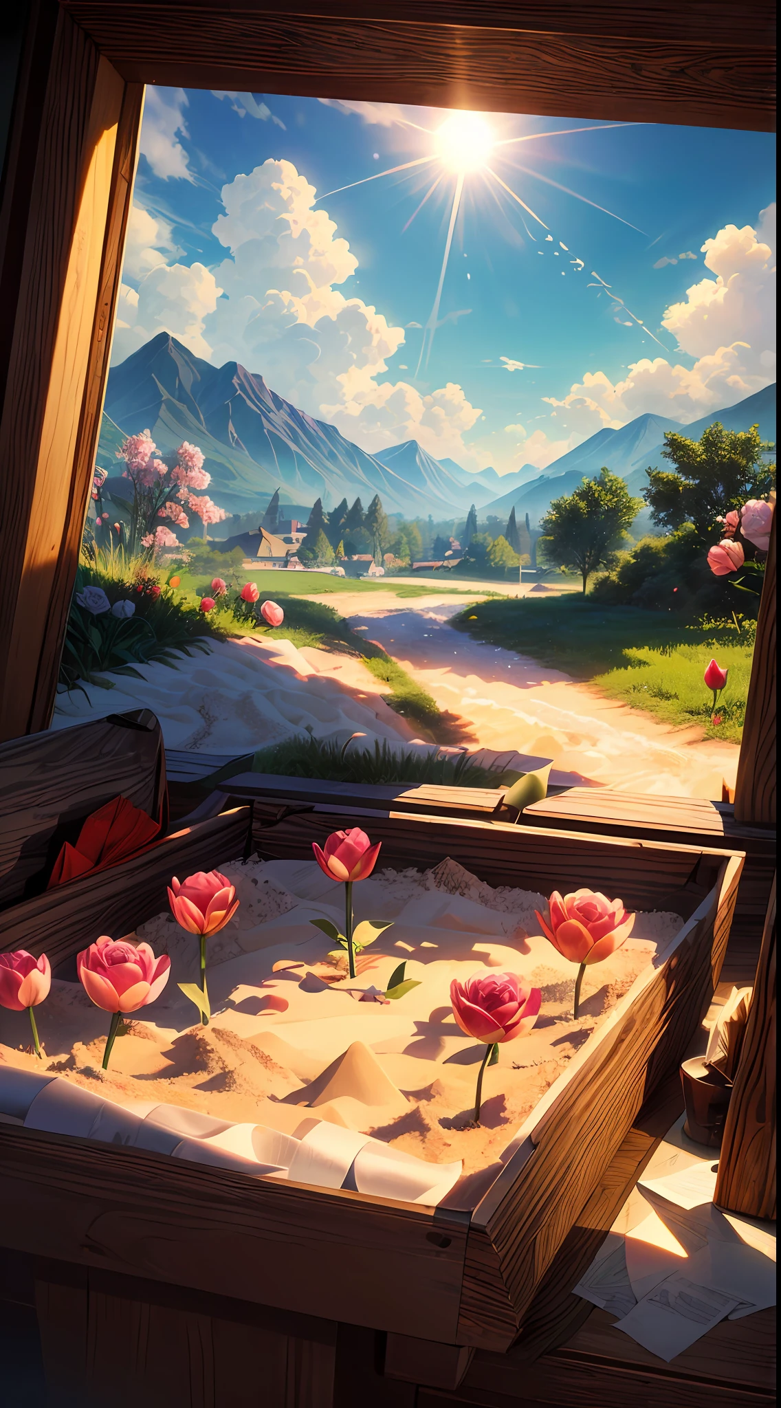 (sandbox:1.4),Movie Angle,(Sun, White clouds, Mountains, ln the forest, rivers),(paper art,Quilted paper art,geomerty),(Extremely colorful, Best quality, Detailed details, Masterpiece, offcial art, movie light effect, 4K, Chiaroscuro)，Rose rose，peach blossom，Peonies，Tulip Tuli，