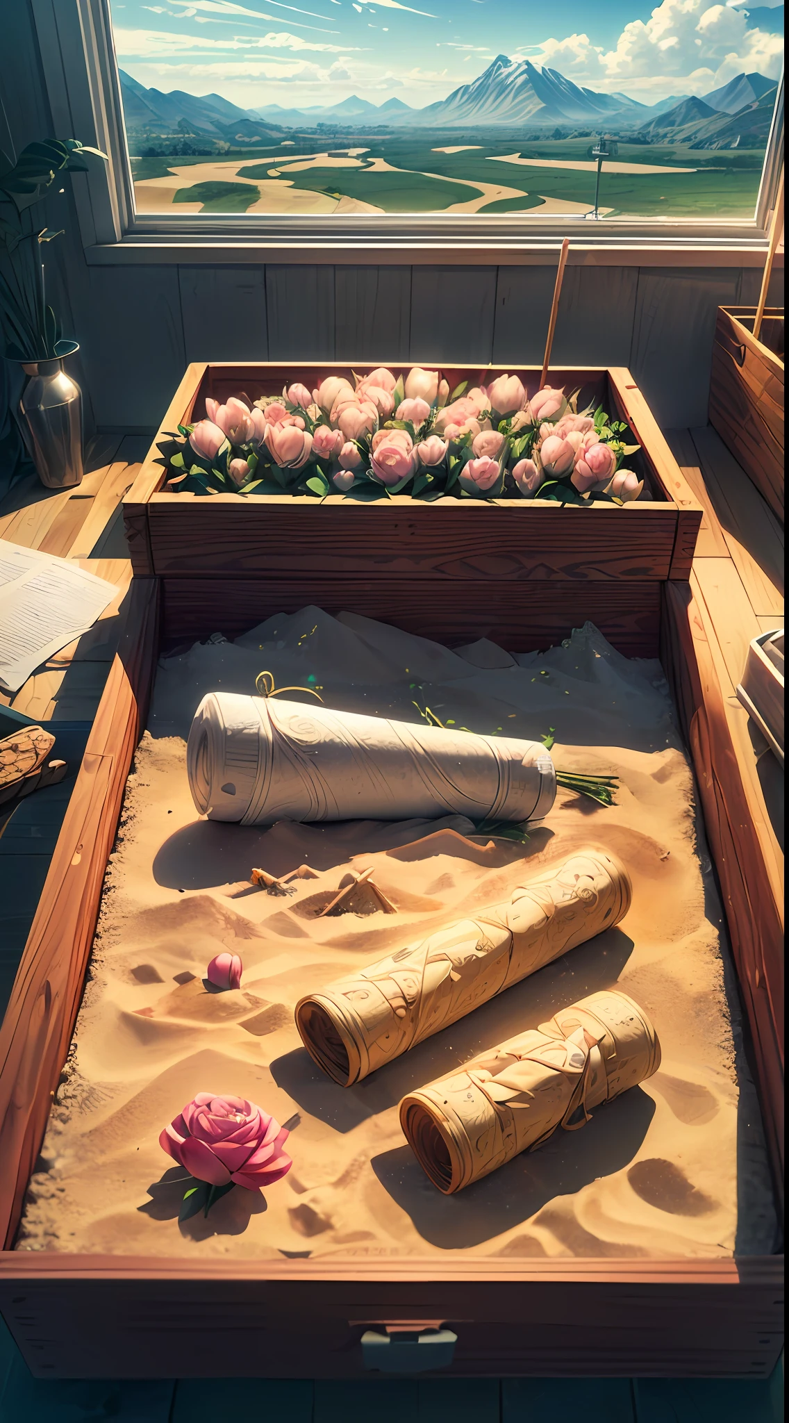 (sandbox:1.4),Movie Angle,(Sun, White clouds, Mountains, ln the forest, rivers),(paper art,Quilted paper art,geomerty),(Extremely colorful, Best quality, Detailed details, Masterpiece, offcial art, movie light effect, 4K, Chiaroscuro),Rose rose,peach blossom,Peonies,Tulip Tuli,