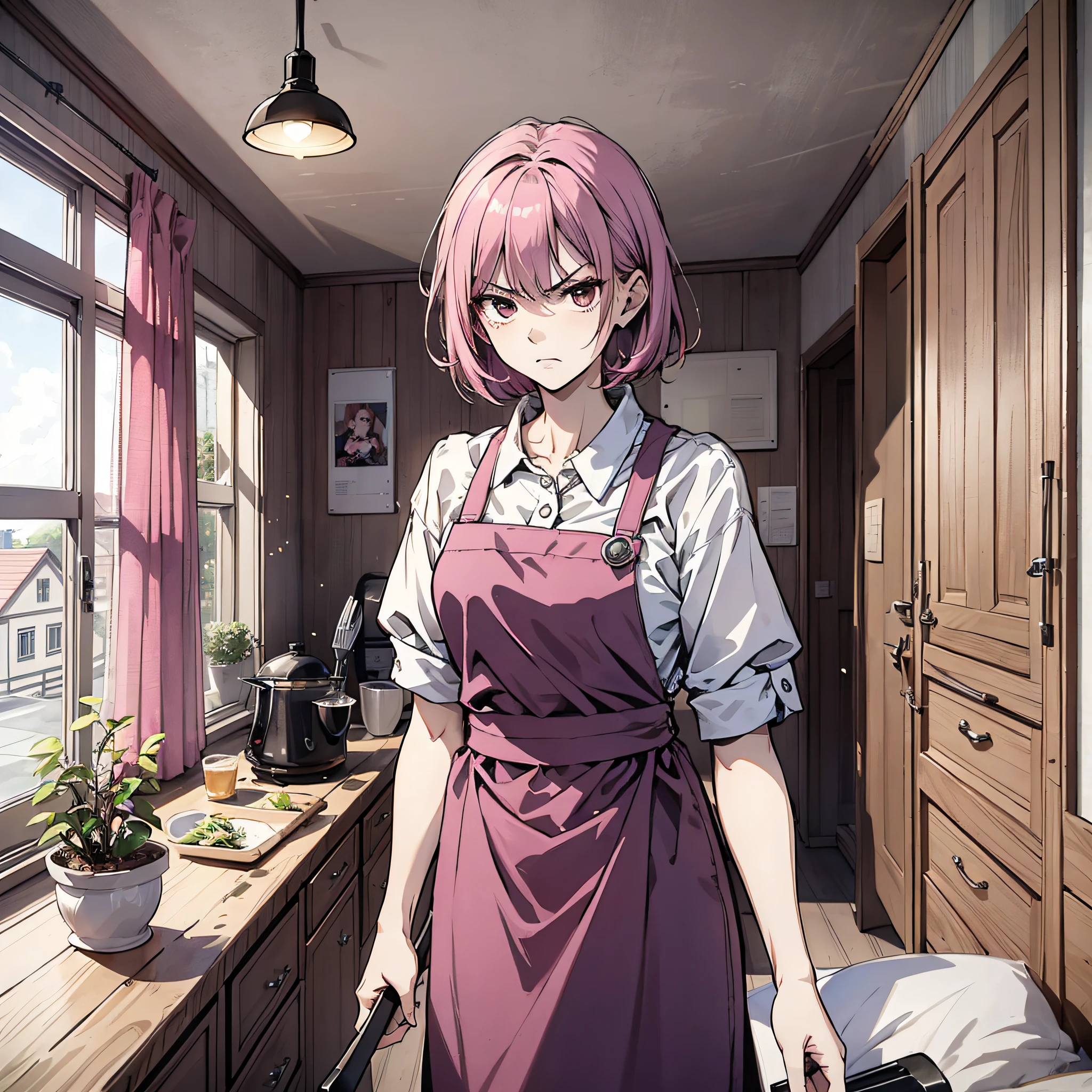 Ridiculous resolution,A high resolution,(tmasterpiece:1.4),Hyper-detailing,pink short hair, 1 middle-aged woman,, Solo, Black eyes, Angry, house wife,aprons, Take a rice spatula,Bedroom room,Stand by the bed,,Open the curtains,Angry