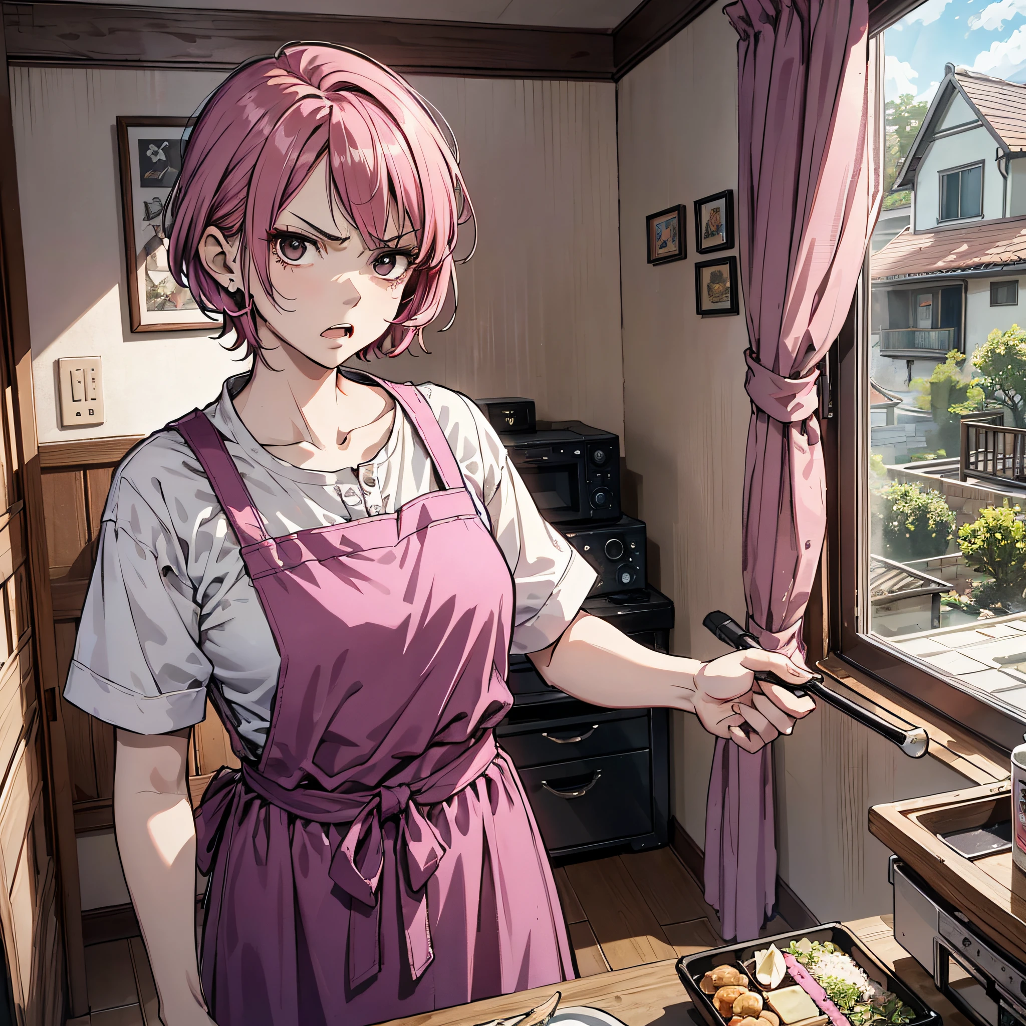 Ridiculous resolution,A high resolution,(tmasterpiece:1.4),Hyper-detailing,pink short hair, 1 middle-aged woman,, Solo, Black eyes, Angry, house wife,aprons, Take a rice spatula,Bedroom room,Stand by the bed,,Open the curtains,Angry