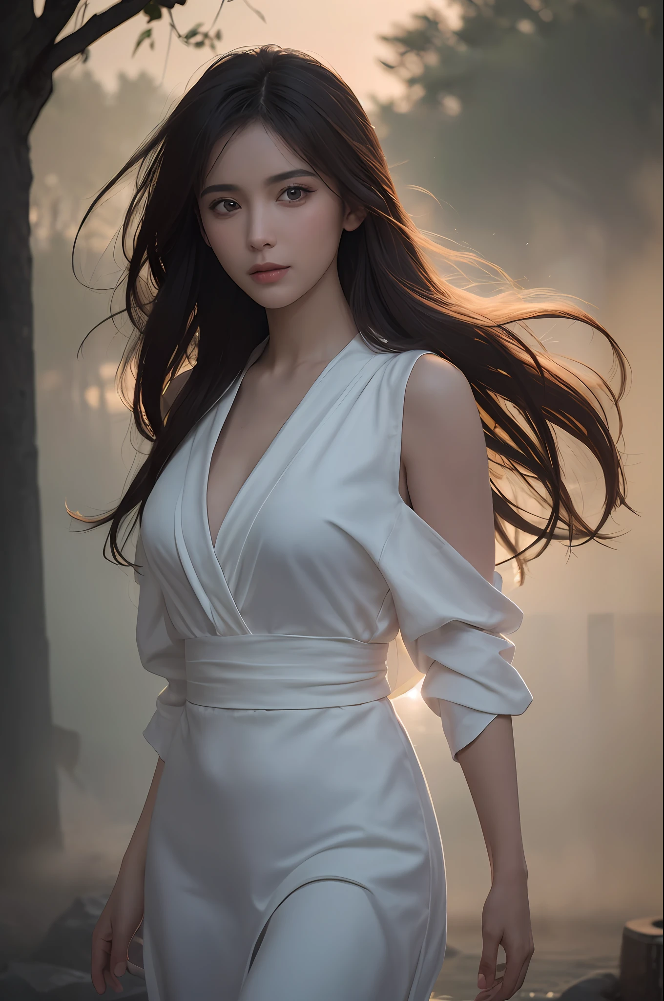 (8k, RAW photo, best quality, masterpiece:1.2), (realistic, photo-realistic:1.37), ultra-detailed, (high detailed skin:1.2), 8k uhd, dslr, soft lighting, high quality, film grain, Fujifilm XT3, professional lighting, photon mapping, radiosity, white robes moving in the wind, long white hair, fully clothed, perfect face, handsome, concept art, detailed face and body, award-winning photography, detailed face, backlight, ultrarealistic, ray tracing, intense gaze, looking at viewer, cinematic lighting, embers, fantasy, action pose, water splash, mist , RAW photo, 8k uhd, film grain,