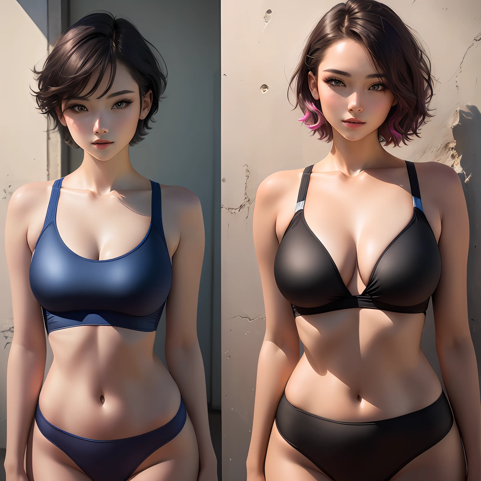 Photographically real,Ultra high quality,Girls with short hair,Refined face,Tight swimsuit,8K quality,extreme hight detail,Stunning beauty,Raised sexy,Color gas