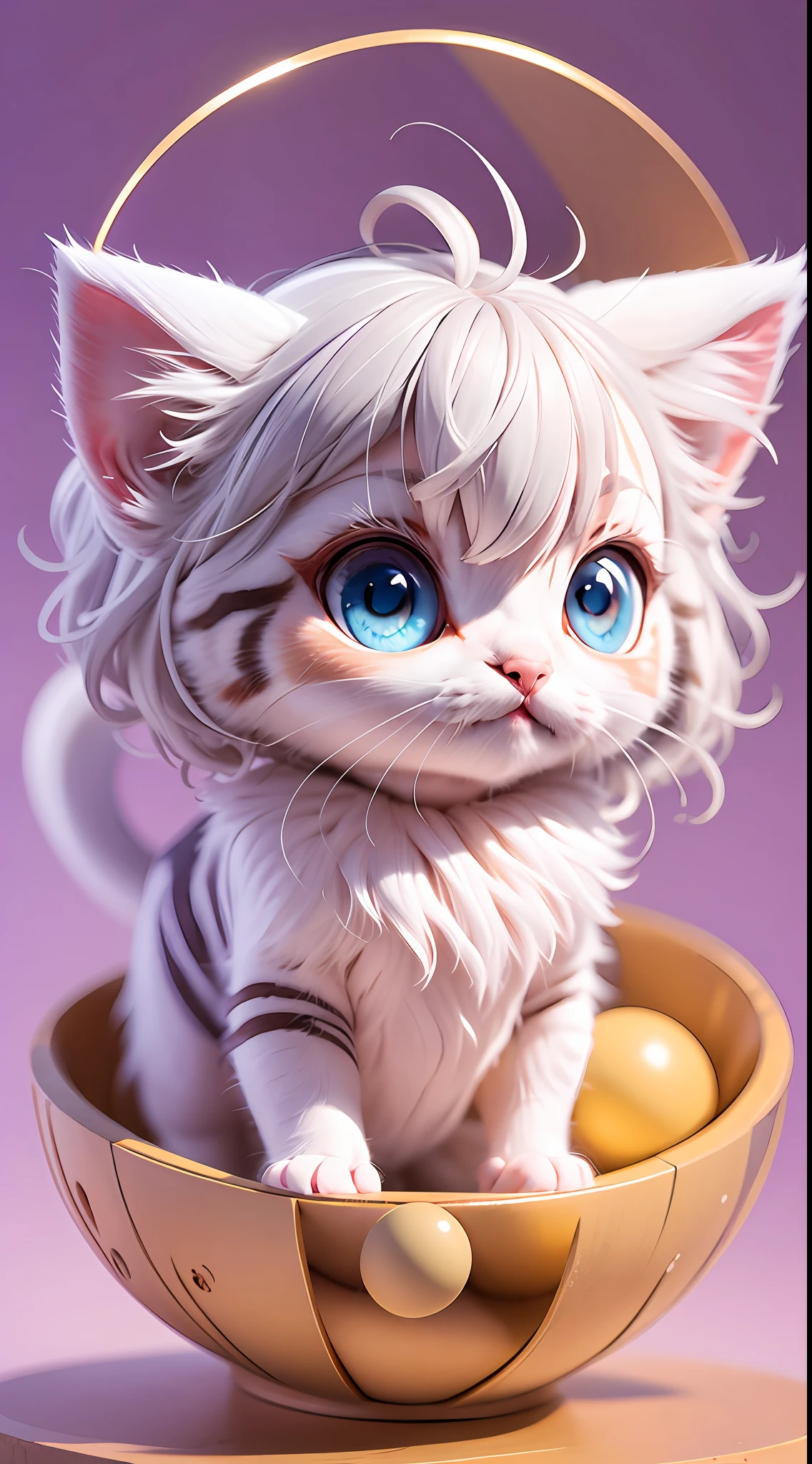 A white-haired kitten,adolable,spherical,cleanness,afloat,shaggy,Big eyes,Non-human,In purple,Simple,ssmile,Funny,Morandi color system,Looking to the left,Left
