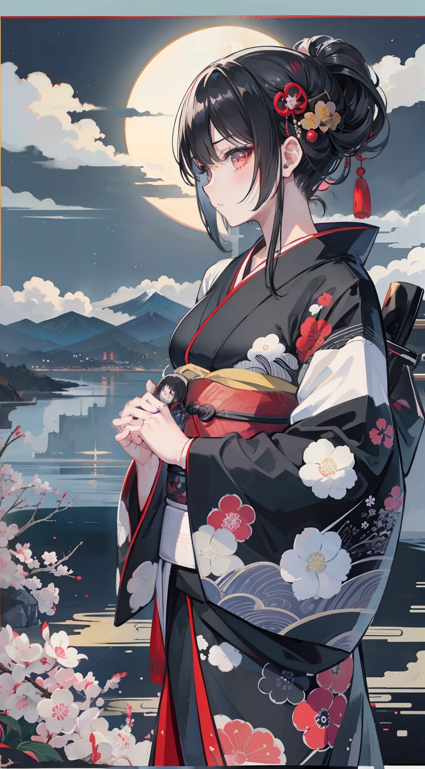 Black hair, nffsw, masutepiece, Textured skin, Super Detail, high details, Best Quality, 8K, hight resolution,Japan kimono woman,ukiyoe painting、Hinomaru、Black and white kimono、Mt fuji、Moon shining in the cloudy sky、nigh sky、Shining blue sea