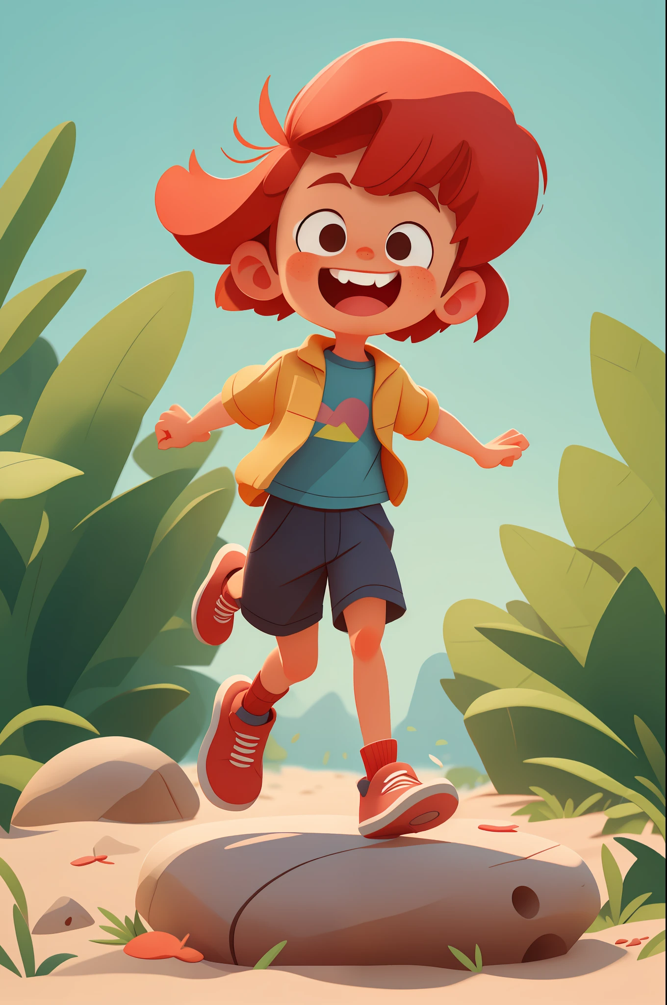 a happy cute ??? short red hair, running, outdoors, background beach, ???, toon, pixar style, 3d, cartoon, detailed face, asymmetric
