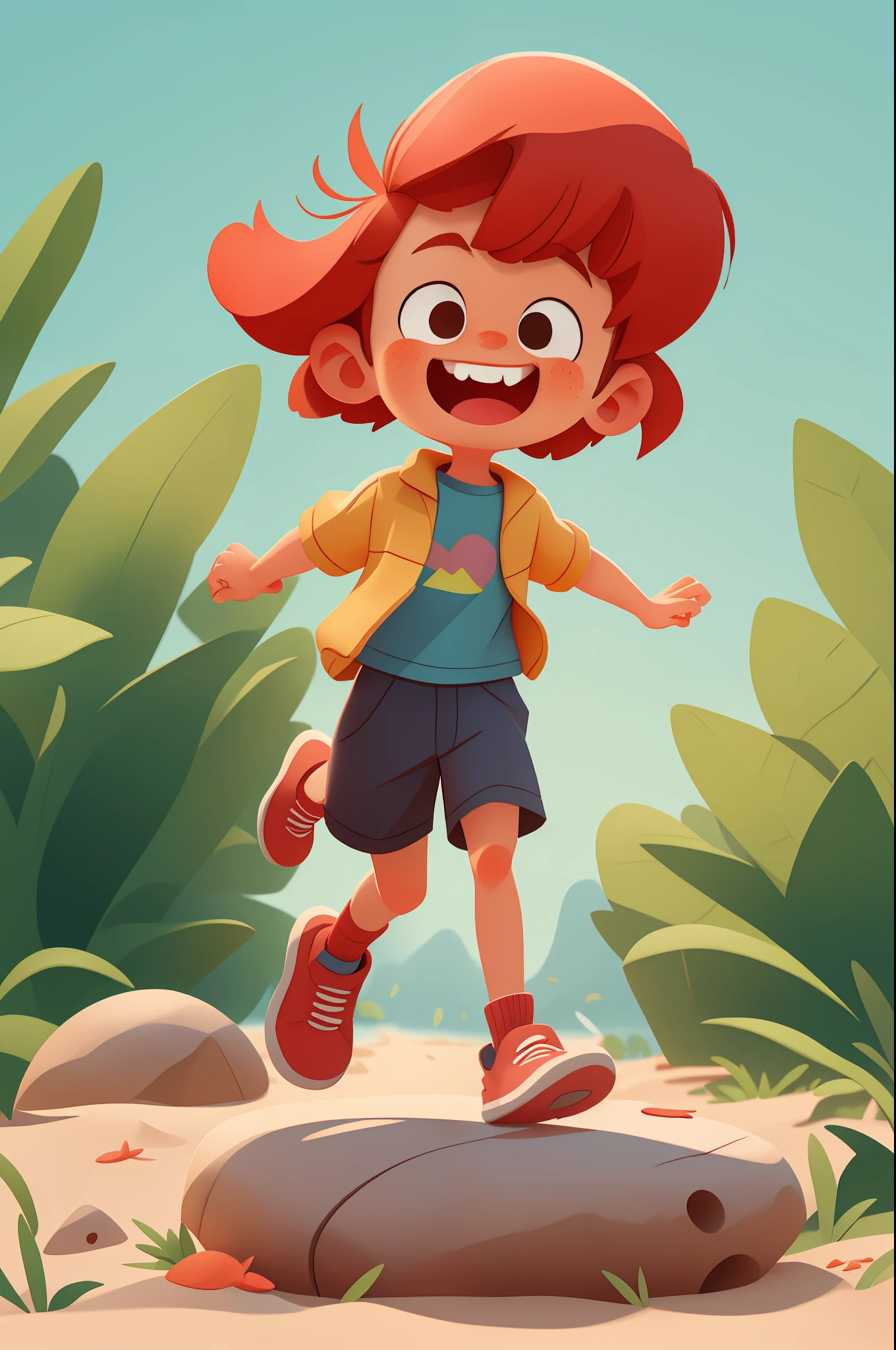 a happy cute ??? short red hair, running, outdoors, background beach, ???, toon, pixar style, 3d, cartoon, detailed face, asymmetric