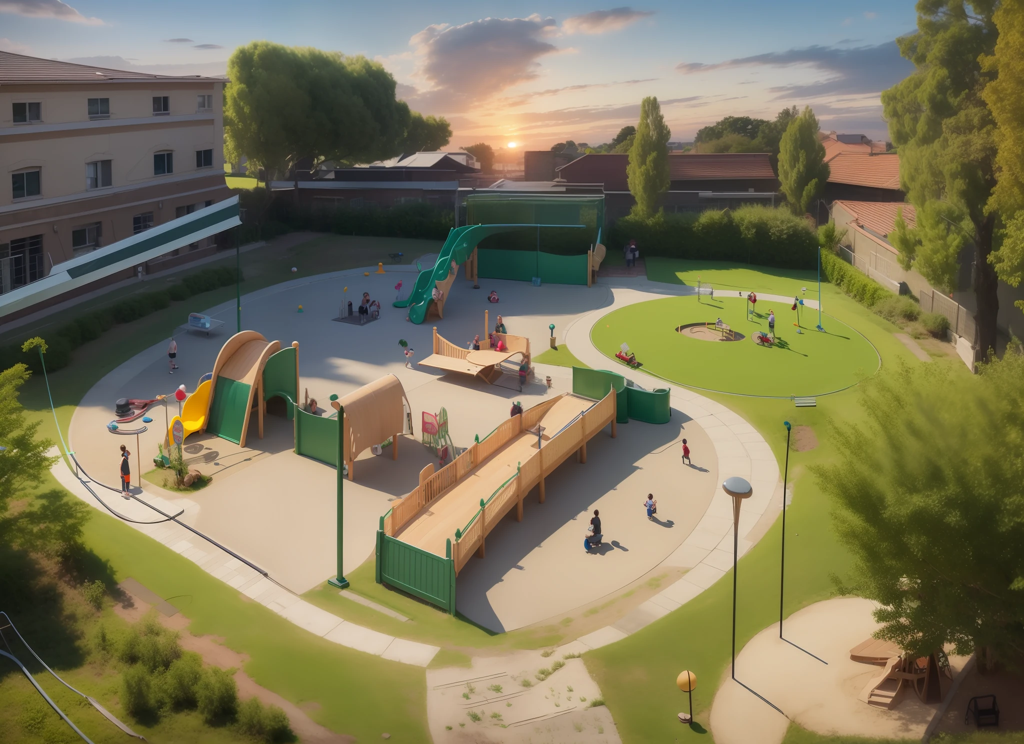 School with big playground, green playground , goal bar , give it realistic look, also futuristic, 8k resolution