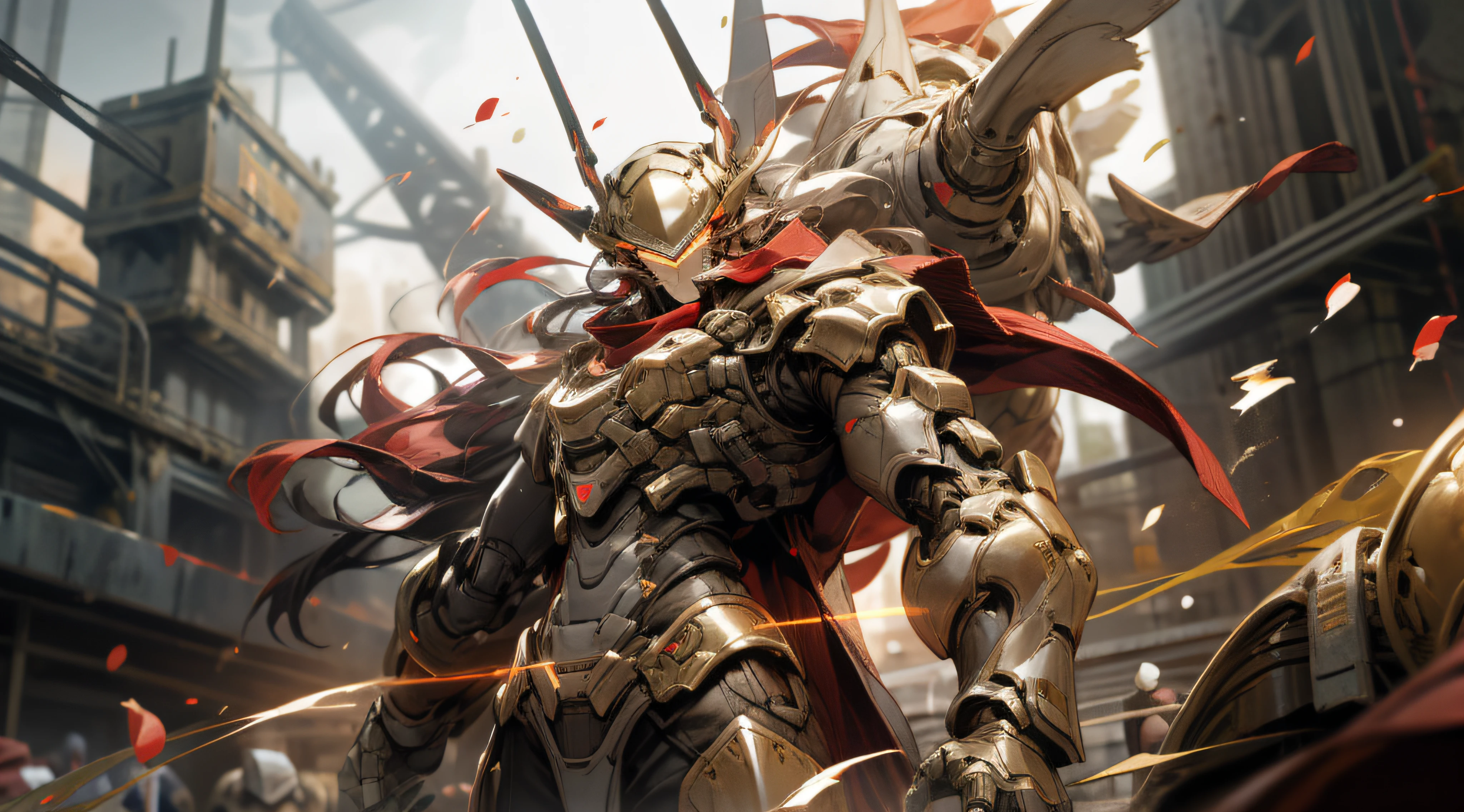A beautiful game CG with the Doomsday theme armor as the main body, super detail, this is a light black and light white complex structure of the mecha, the mech holds a red glowing wide heavy armor sword, Exudes fiery red light: 1.2, eyes emit dazzling red light: 0.8, 3D two-dimensional drawing, tattered red scarf swaying in the wind, anime drawing, chiaroscuro, light effects, mecha detailed and exquisite, mecha face delicate and clear, light source on the eyes, broken mechanical battlefield burning in the background, battle posture drawing, background fire flow, flow special effects, OWgenji