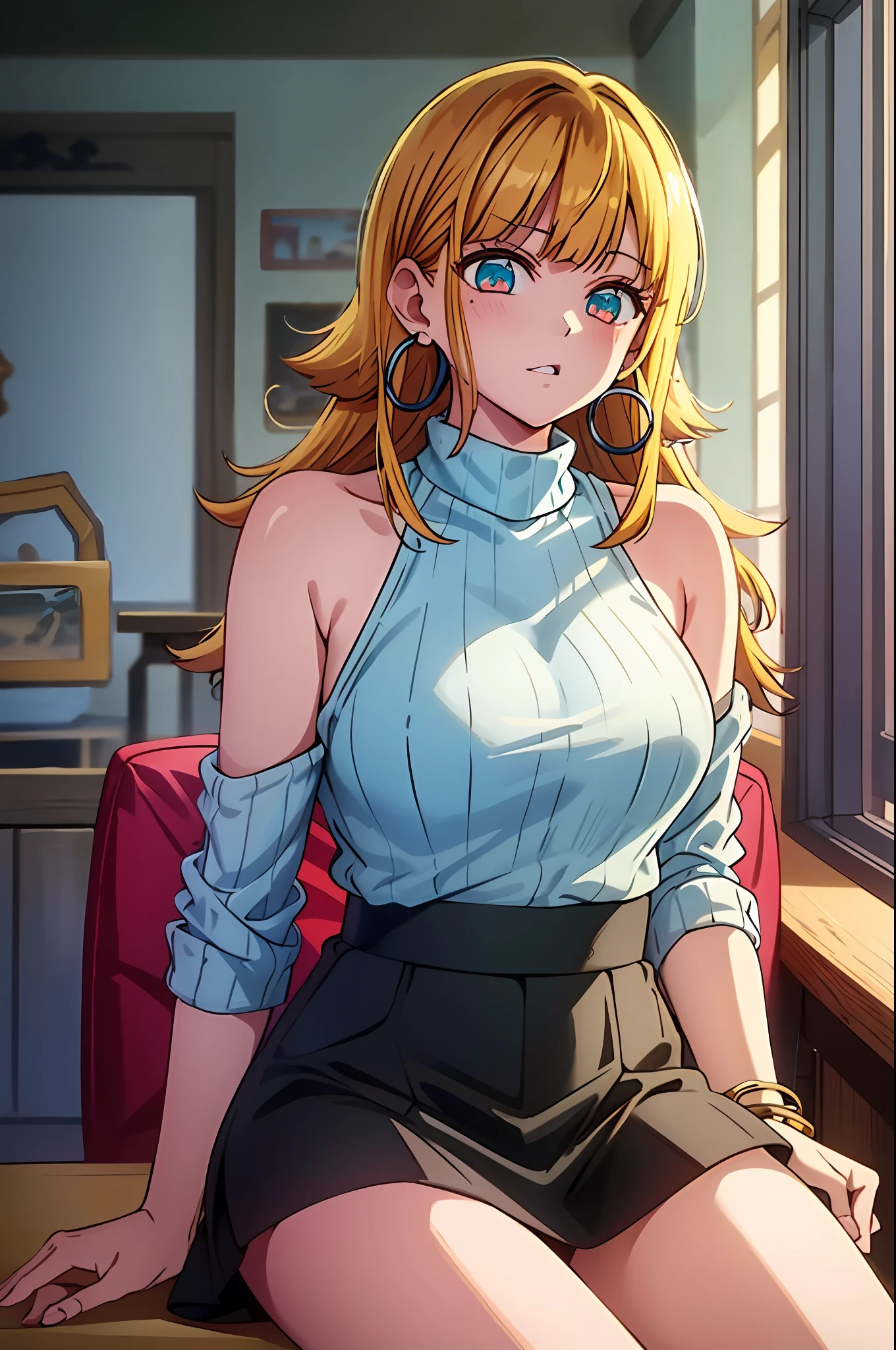 masterpiece, hightquality, Hi-Res, MEMcho, Indoors, cowboy shot, Black skirt, The shirt, off shoulders, off-the-shoulder sweater, (Light blue sweater:1.2), sleeveless shirts, High Neck Sleeveless Shirt, Black shirt, Sweaters, Sweater sleeve wrist too much, sitting on, hoop earrings,animesque、Blonde top black