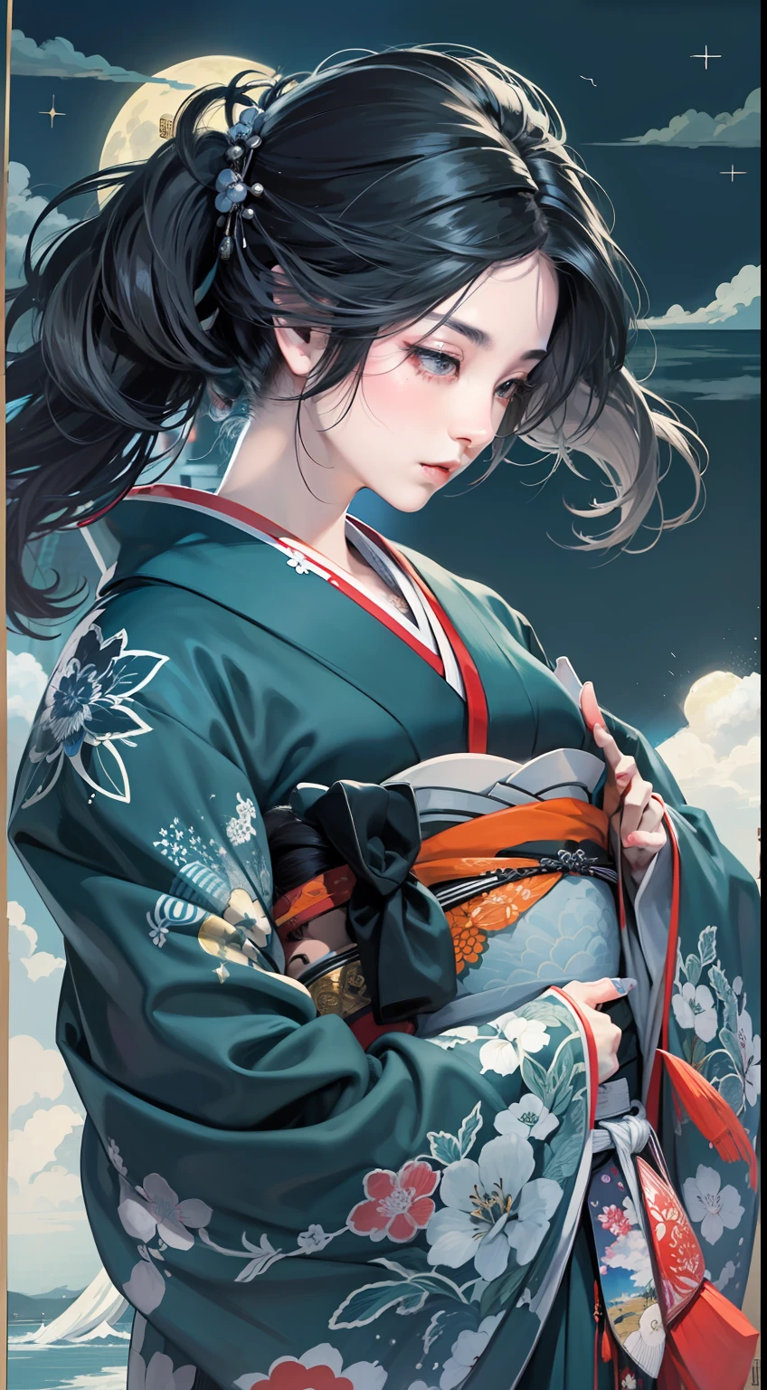 black hair, UHD, masterpiece, textured skin, super detail, high details, best quality, 8k, highres,Japanese Kimono Woman,ukiyoe painting、Hinomaru、Black and white kimono、Mt fuji、Moon shining in the cloudy sky、nigh sky、Shining blue sea