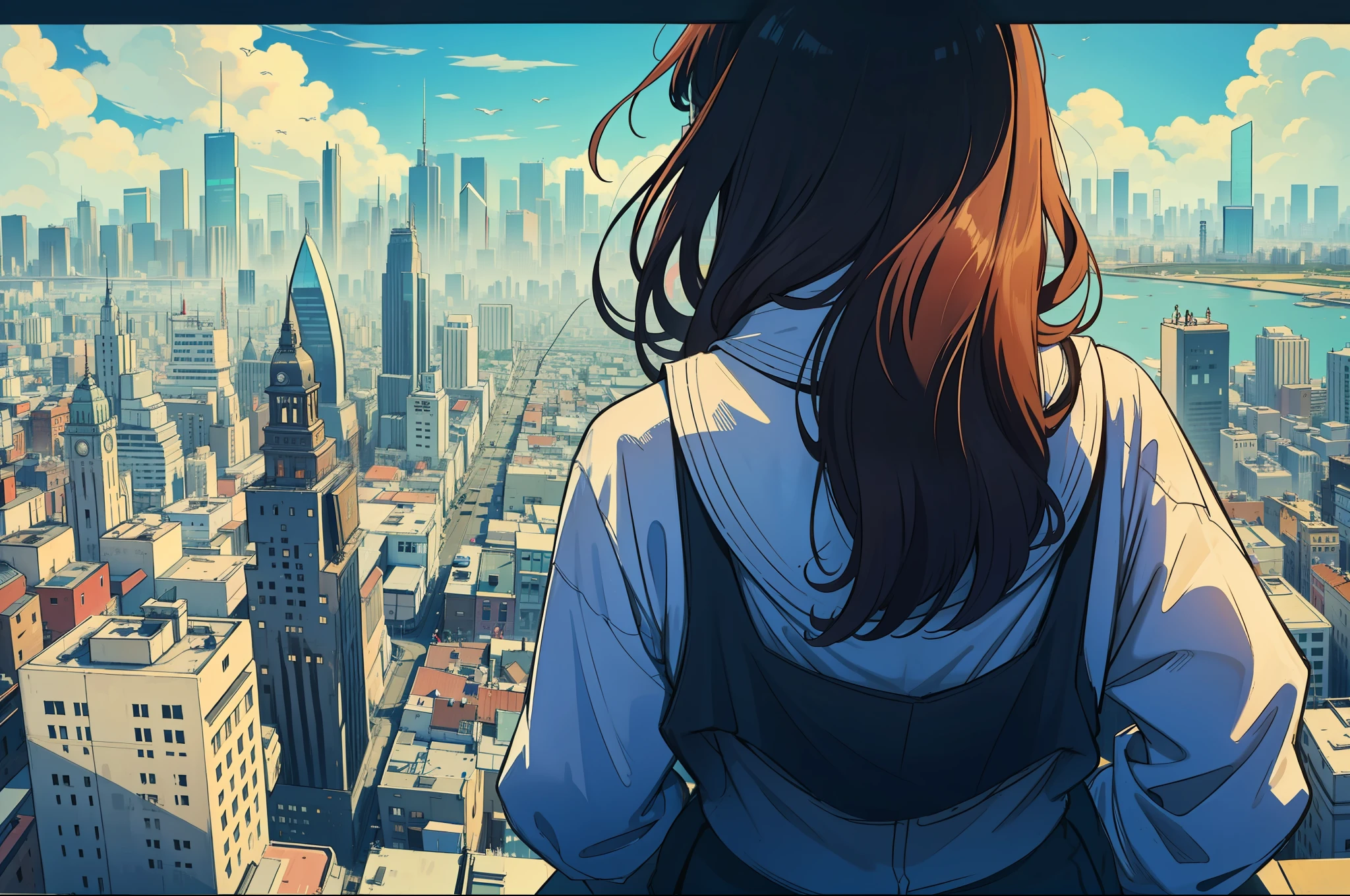 A Strange City, Looking from top to bottom, On top of the building, Panoramic view of the city, one girls, --auto --s2
