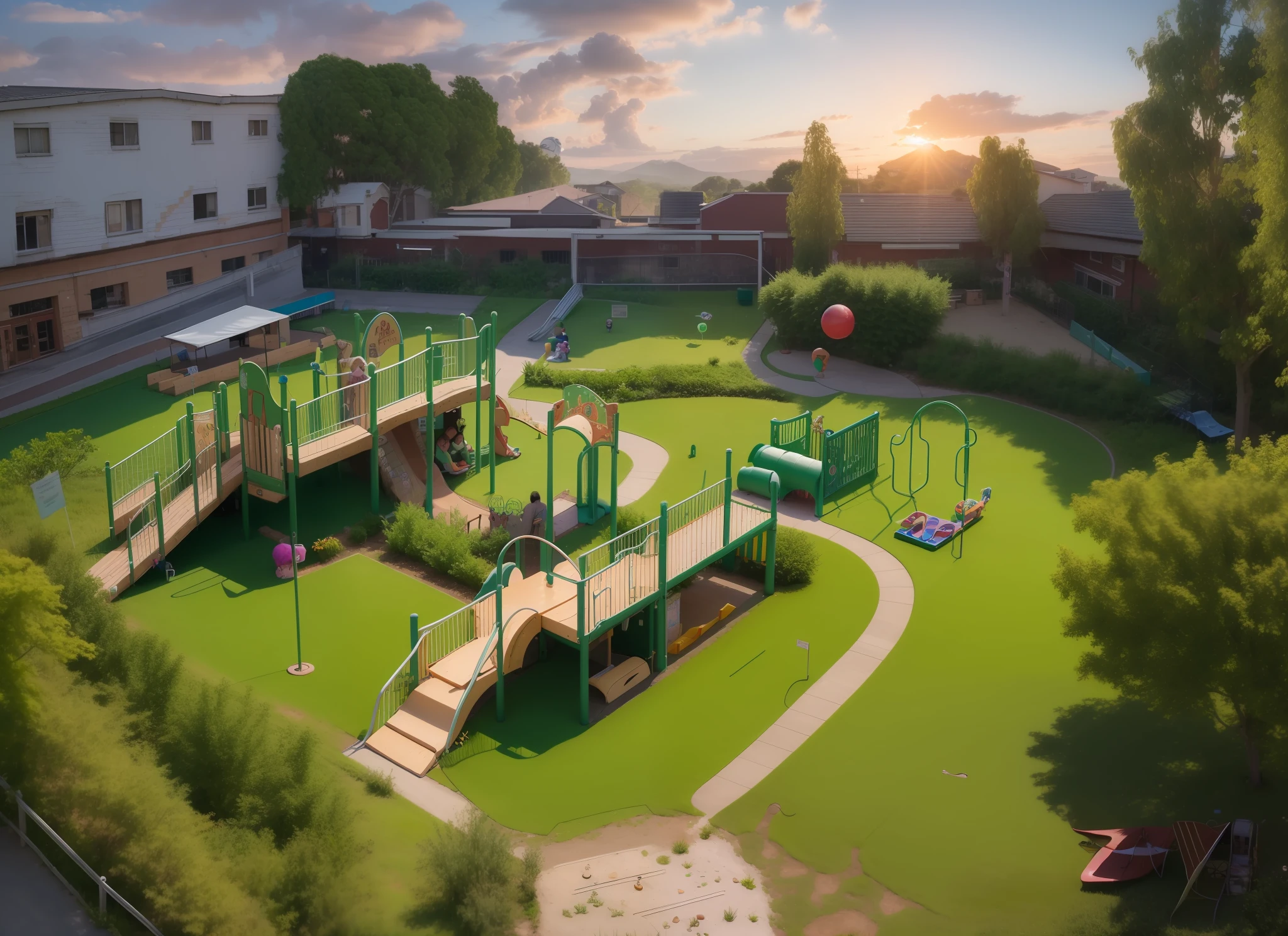 School with big playground, green playground , goal bar , give it realistic look, also futuristic, 8k resolution