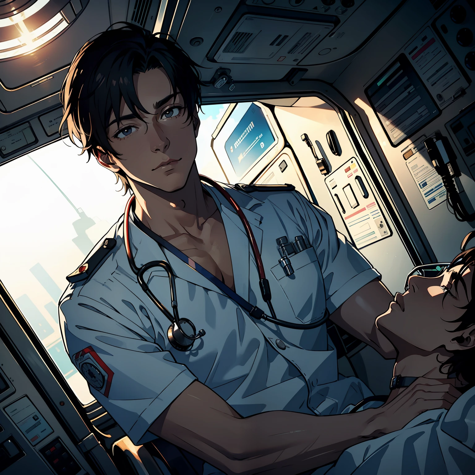 1 handsome guy,Lying in the ambulance,Doctors are resuscitating him