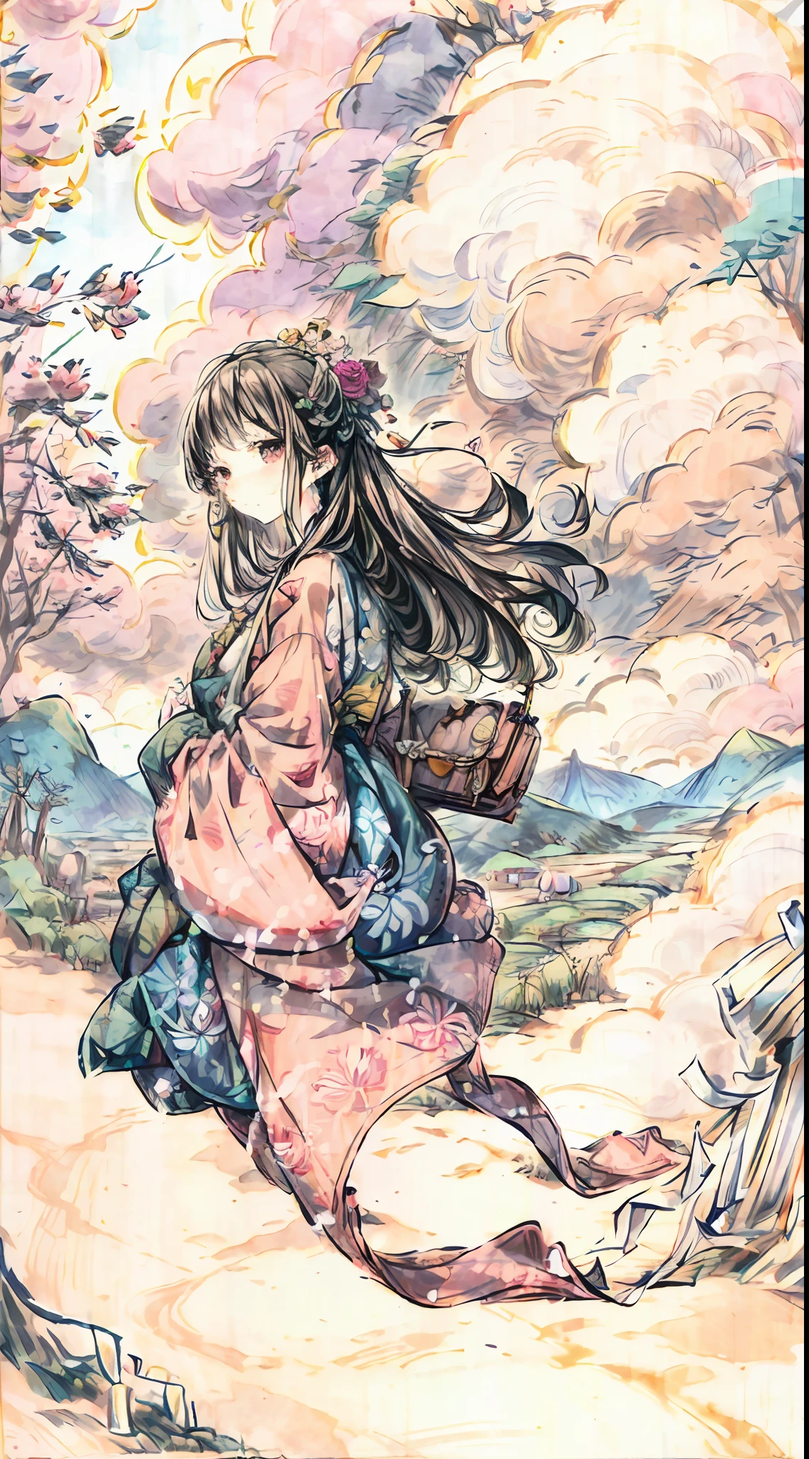 (sandbox:1.4),Movie Angle,(Sun, White clouds, Mountains, ln the forest, rivers),(paper art,Quilted paper art,geomerty),(Extremely colorful, Best quality, Detailed details, Masterpiece, offcial art, movie light effect, 4K, Chiaroscuro)，Rose rose，peach blossom，Peonies，Tulip Tuli，