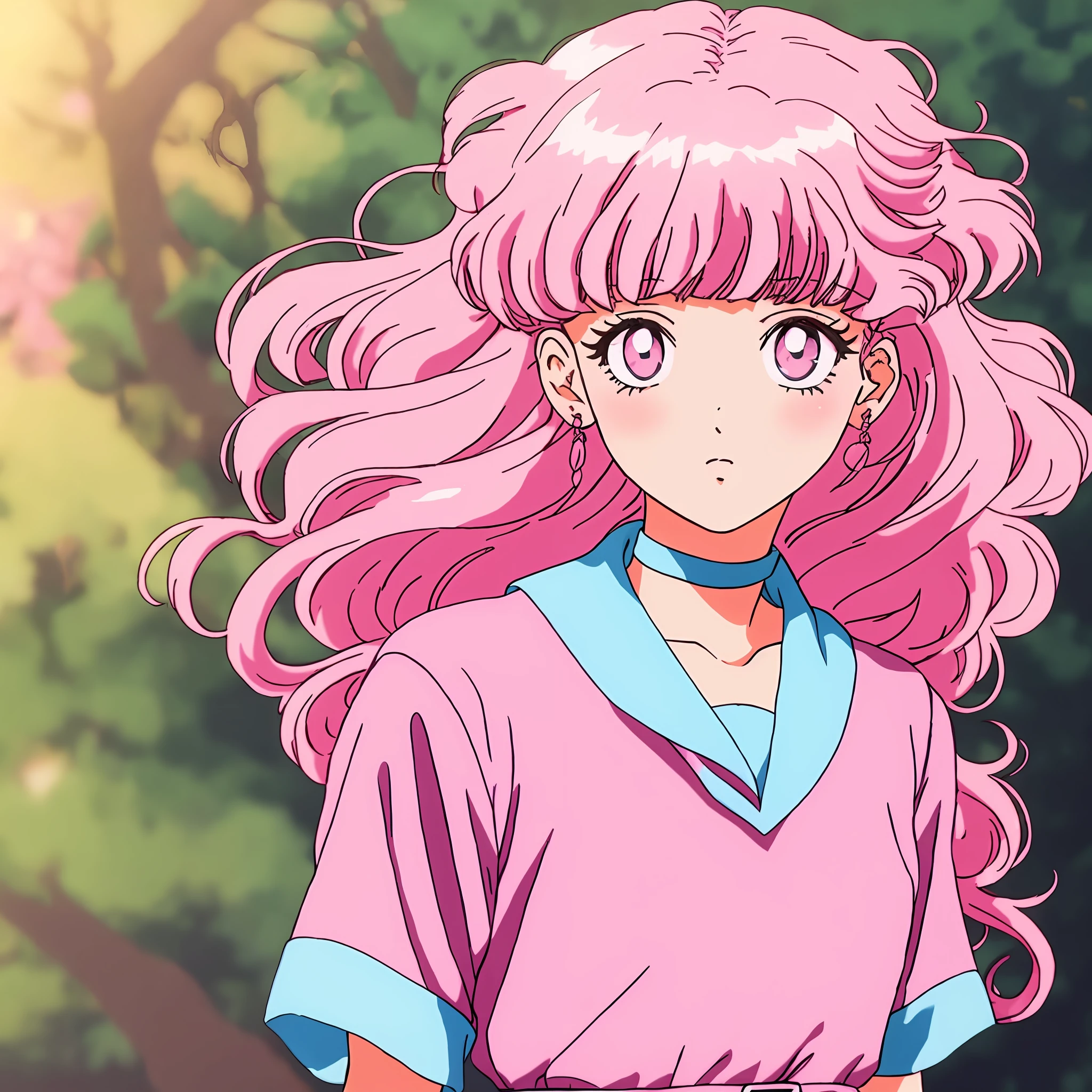 1girll,Pink curly hair,(Beautiful dress),Nice pink eyes, Bob cut,Blunt bangs,Blush,Bushy hair,pastelcolor,Retro anime,1990s anime,tmasterpiece,Best quality