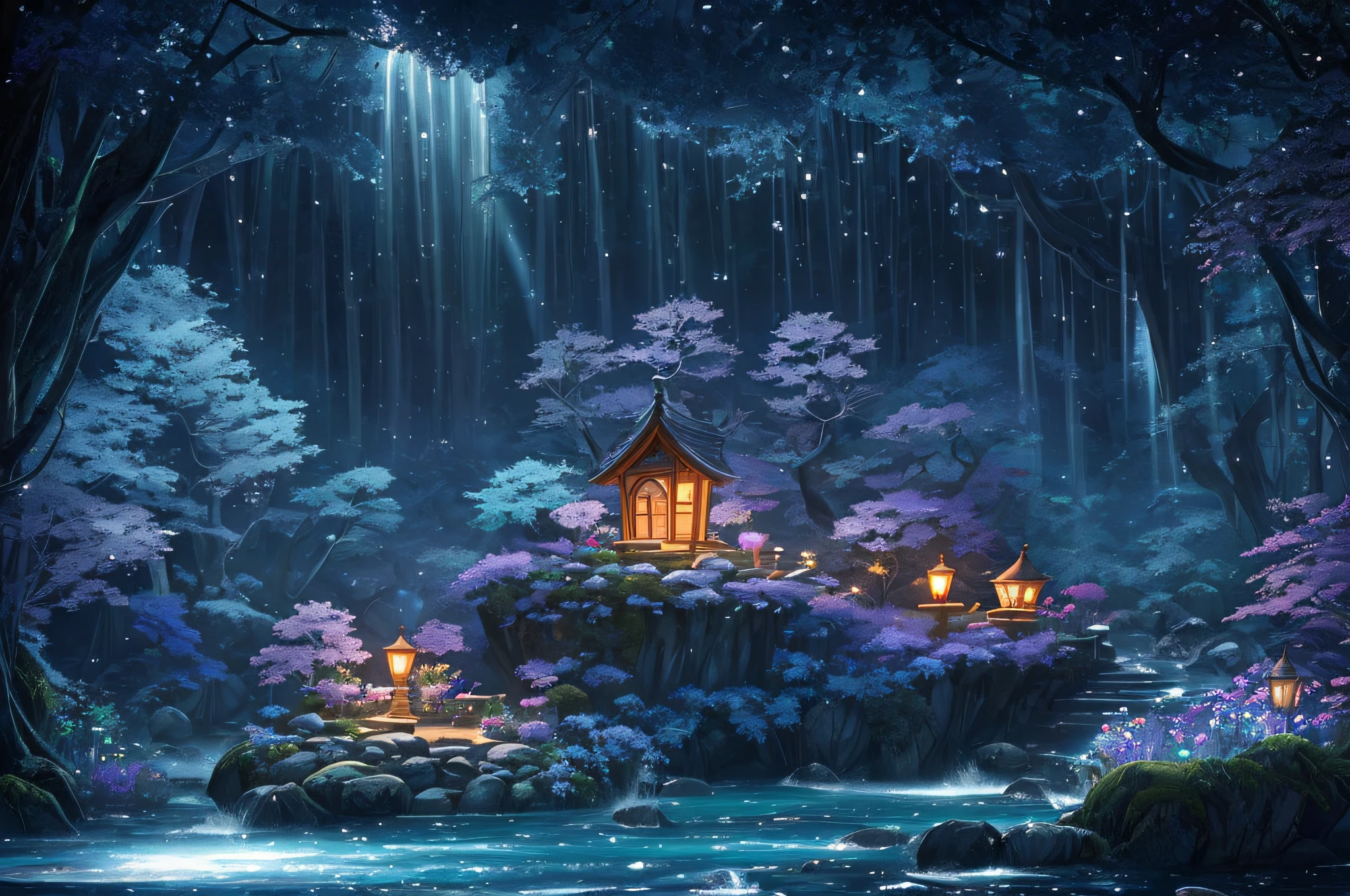 Mare's nest、lamplight、crystal、Pedras preciosas、sacred place、Forever Night、Tidal floats、chai、dream-state、dreamland、ancient times、magia、ribbons、Streamers、Mysterious plants、Pools、Forbidden Land、vortex、ln the forest、vine、extreme hight detail、16k、ultraclear、tmasterpiece、high high quality、A high resolution --auto