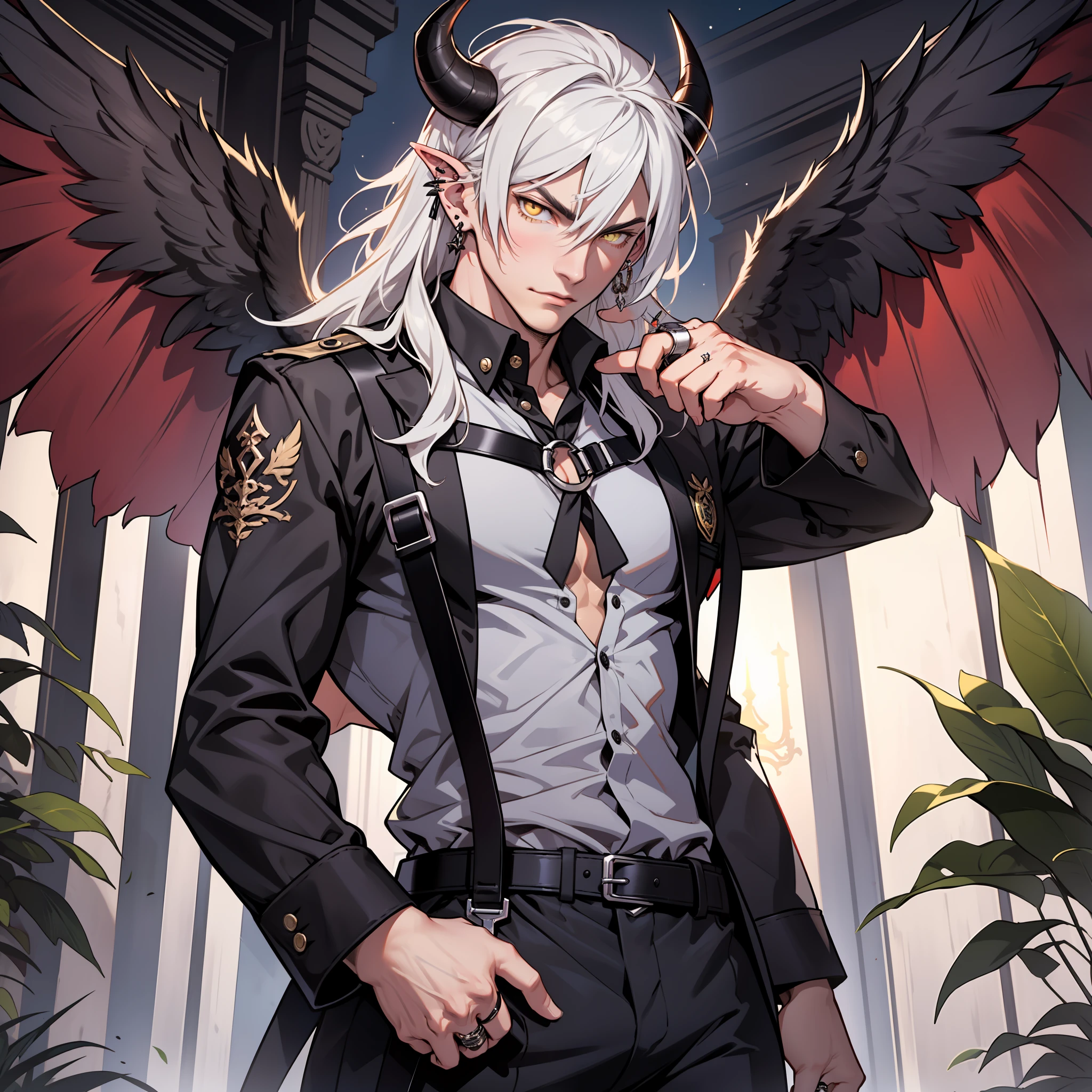 Handsome male, white hair, long hair, yellow eyes, horns, ear piercings, detailed body, detailed hands, grey button shirt, wearing chest harness, black pants, black boots, night fall, standing in palace, arrogant look, good looking, ring on finger, black wings, big bulge in plants