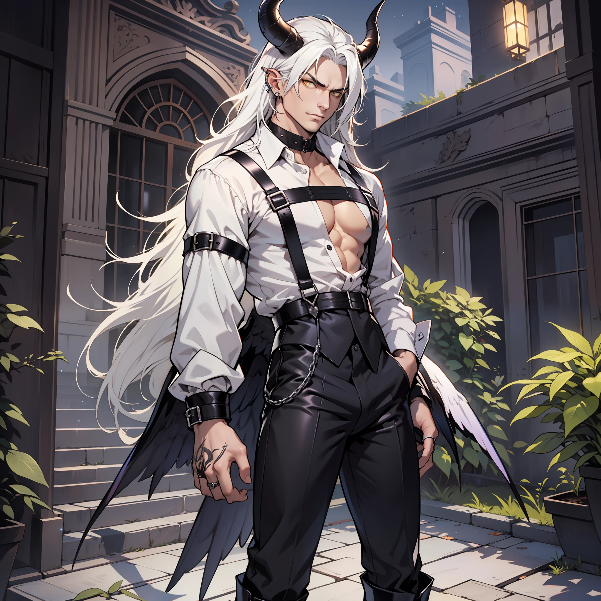 Handsome male, white hair, long hair, yellow eyes, horns, ear piercings, detailed body, detailed hands, grey button shirt, wearing chest harness, black pants, black boots, night fall, standing in palace, arrogant look, good looking, ring on finger, black wings, big bulge in plants
