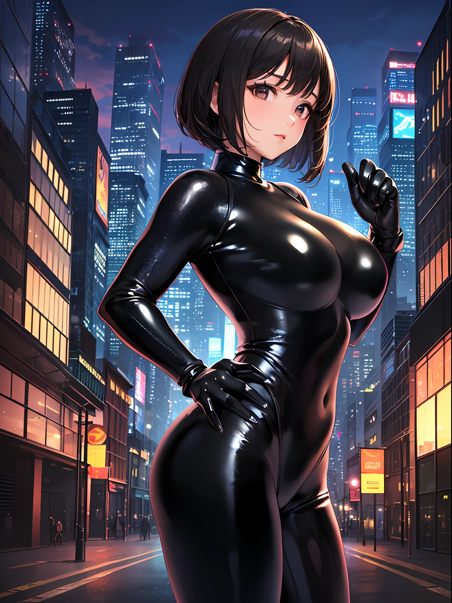 (top-quality: 1.3), (​masterpiece: 1.3), (Super Detail: 1.3), (wall-paper, one girls: 1.1)、(Detailed hands and fingers:1.2)、(Detailed ultra-oily shiny skin:1.1)、(Black Full Body Rubber Suit:1.5)、Brown hair、a short bob、Beautiful sister、(Buildings:1.2)、nighttime scene、(Beautiful Large Breasts:1.3) 、sexypose、is standing