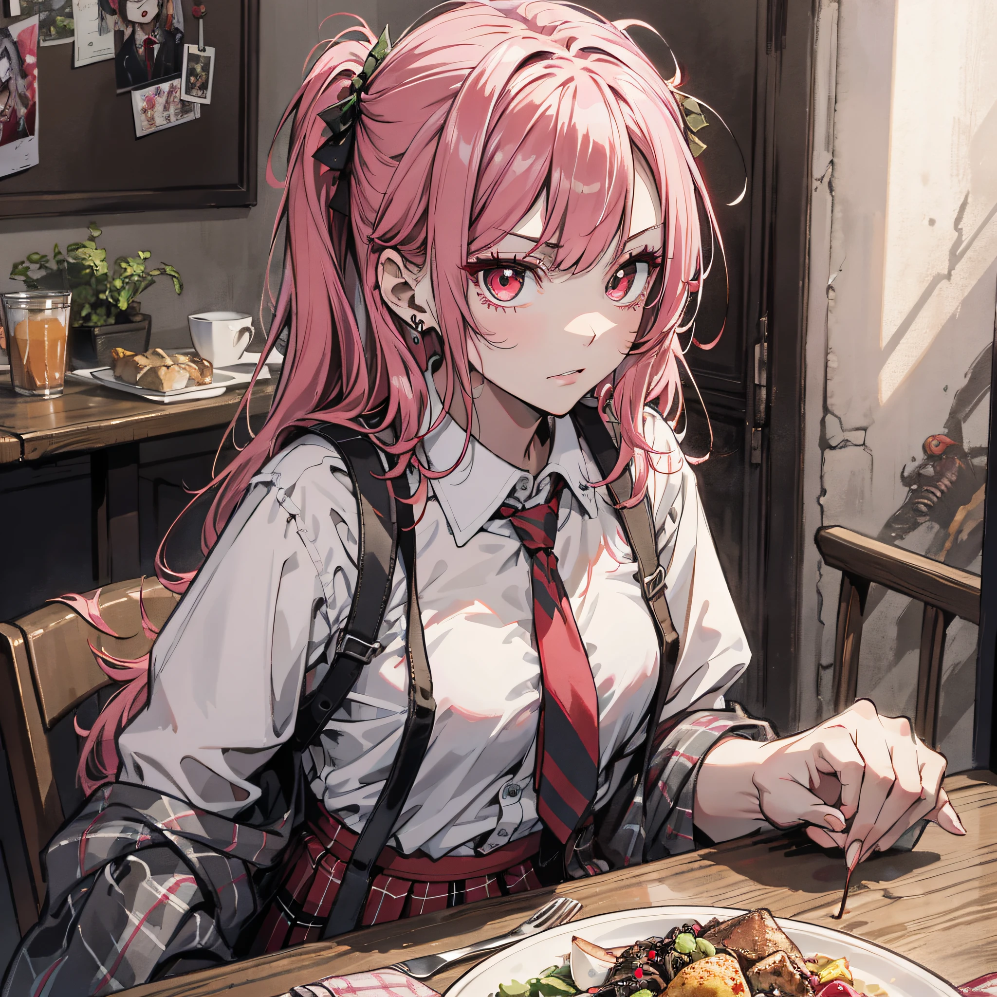 Ridiculous resolution，A high resolution，（tmasterpiece：1.4），Hyper-detailing，Pink Long Hair, 1girll, dual horsetail, Solo, red color eyes, Angry,  white necktie, Pleated plaid red skirt, school uniform, Zombie role-playing，dine，dining table，Zombie Doom，Zombie outbreak