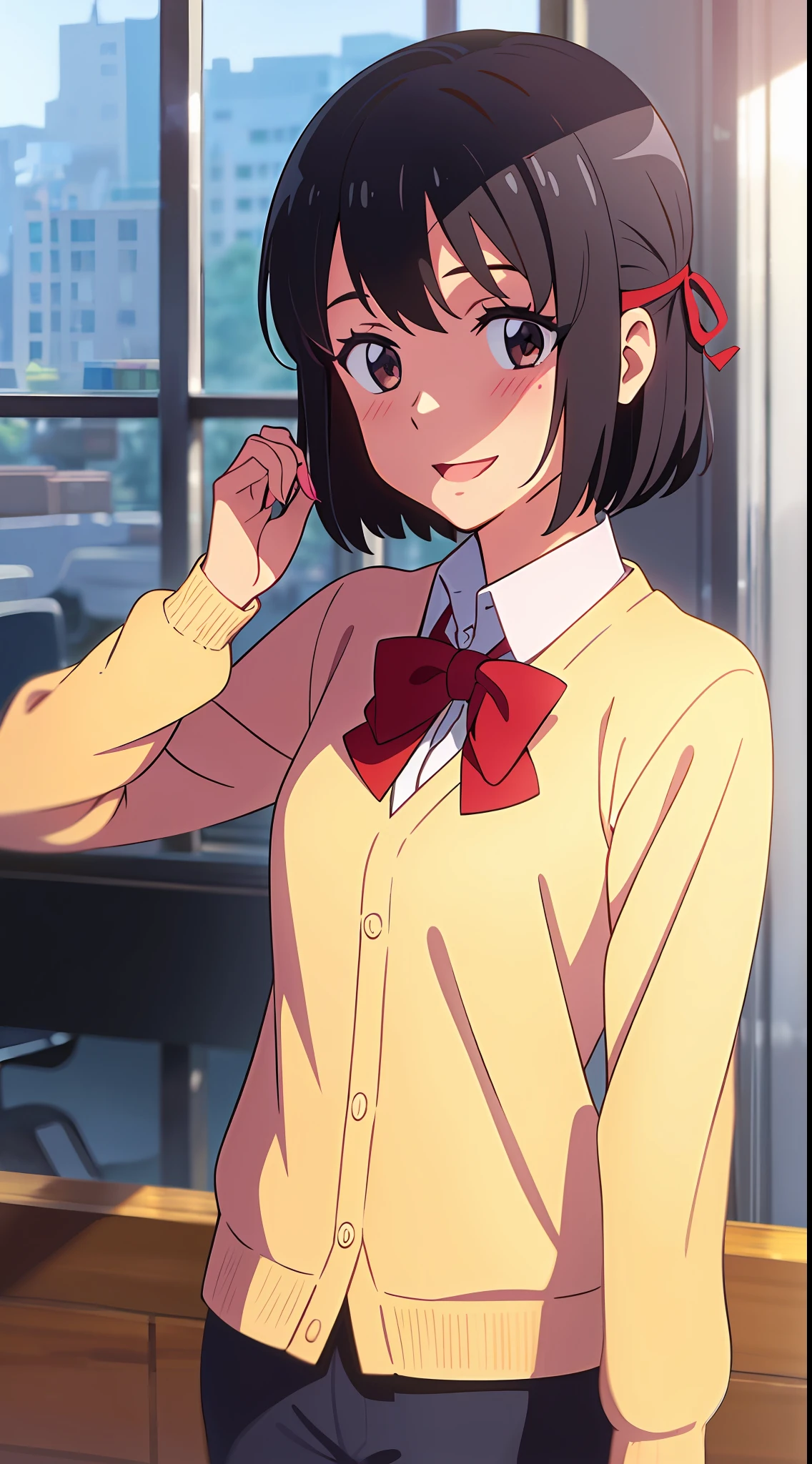 shinkai makoto, kimi no na wa., 1girl, bangs, black hair, blush, brown eyes, shiny skin, headband, red headband, ribbon, red ribbon, bow, red bow, collared shirt, lanyard, pantyhose, shirt, white shirt, cardigans, blue cardigan, pants, black pants, looking at the viewer, short hair, cute, smile, open mouth, solo, upper body, long sleeves, masterpiece, university, colleges, book, holding book, flower