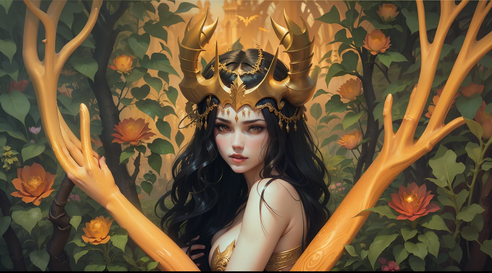 artistic work, (obra prima), fantastical realism, Rogue in the Garden of Eden grabbing Eve, Wavy black haired vampire with golden horned crown on her head.